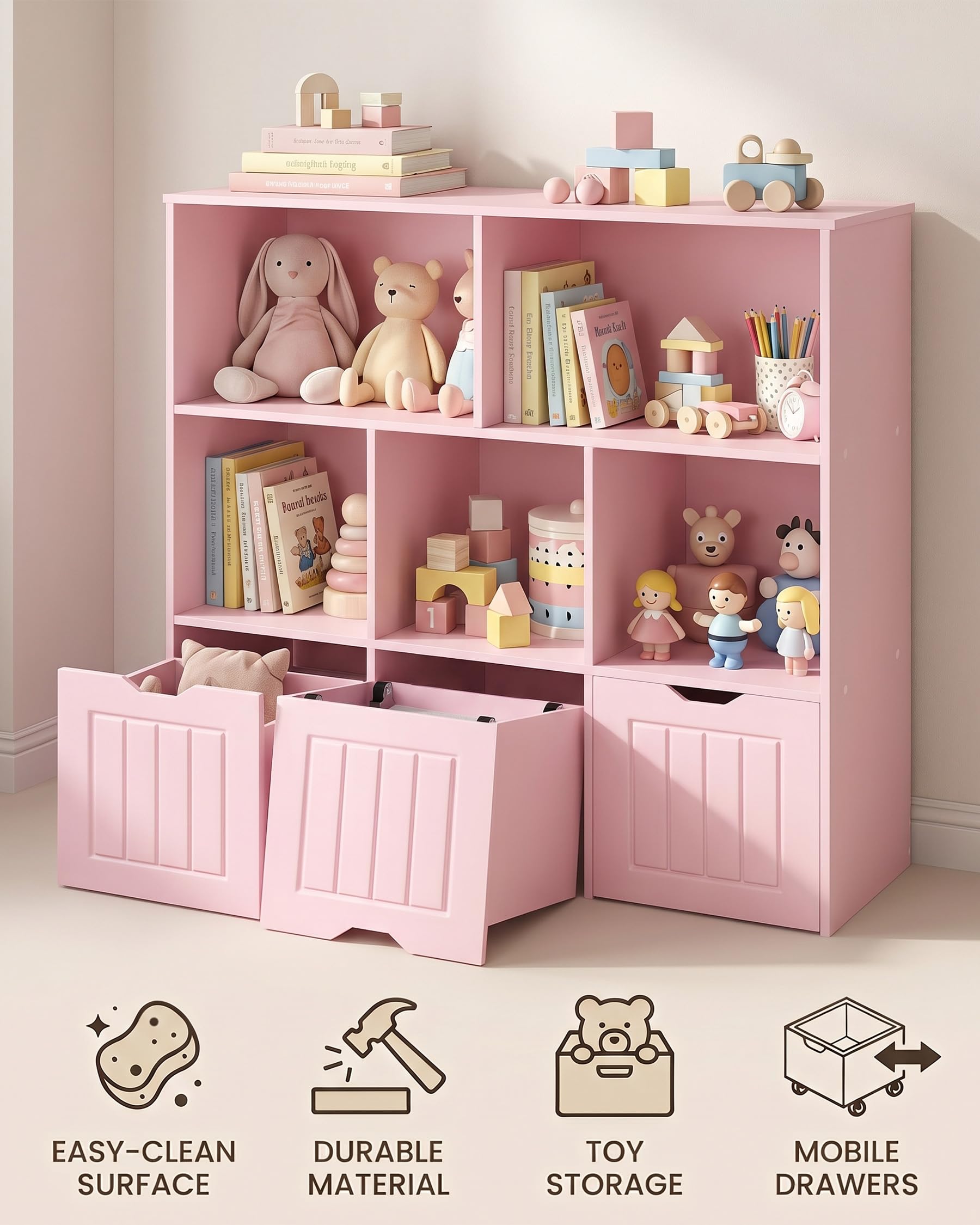 hitsuki Kinder Bücherregal Rosa mit 3 Schubladen und Rollen