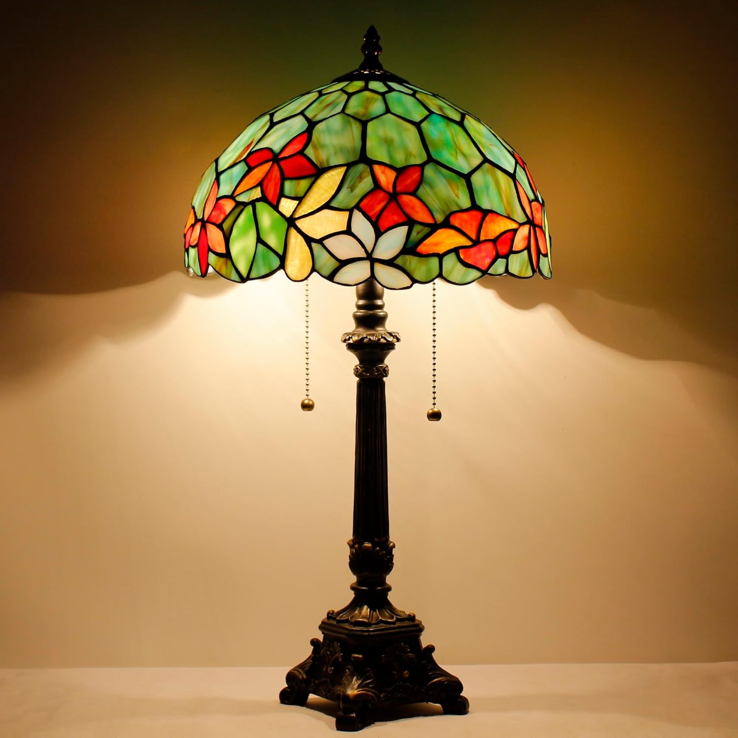 Tiffany Table Lamp Red Yellow Green Flowers Stained Glass Desk Lamp 12X12X21 Inches Reading Light