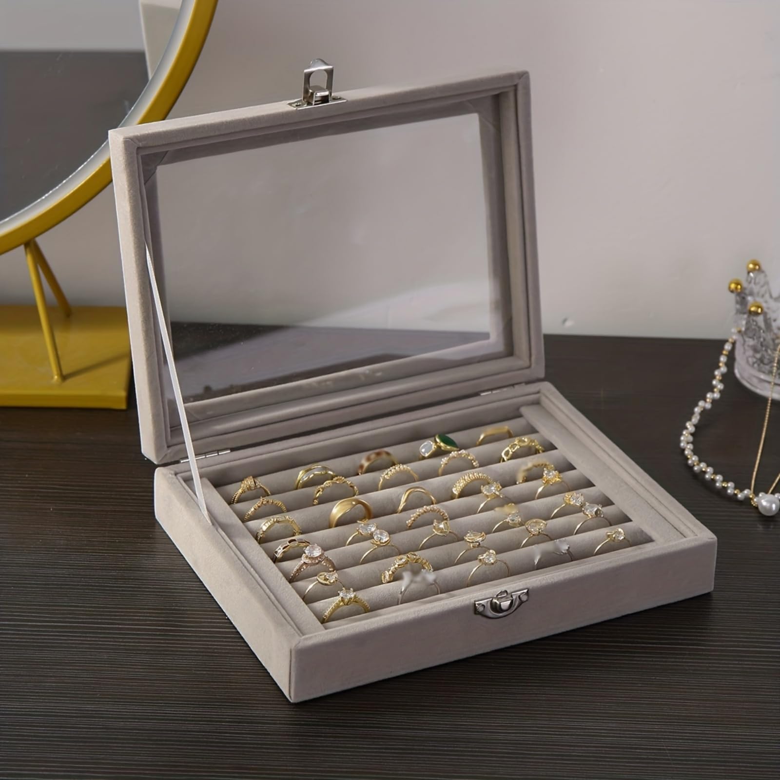 Photo 1 of Rings Organizer Tray 7 Slots Velvet Jewelry Earring Storage Box with Transparent lid Jewelry Display Case for Girls Wife Mom Women