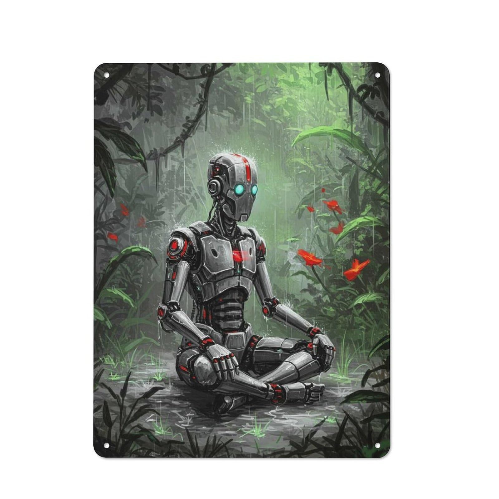 Junmoney Robot In Meditation In The Jungle Metal Wall Plaque 40X30cm, Simple Retro Office Wall Decor For Office, Study, Studio Or Hallway