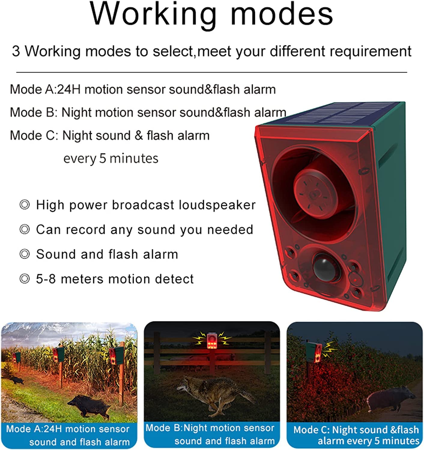 Solar-Bewegungsmelder-Alarmlicht, 130 dB, Warnung, Sicherheit, Stroboskop, Sirene, Gewehrschuss, Hund, Bellgeräusch und Aufzeichnung von 20 Sekunden, individuelle Nachricht für Bauernhof