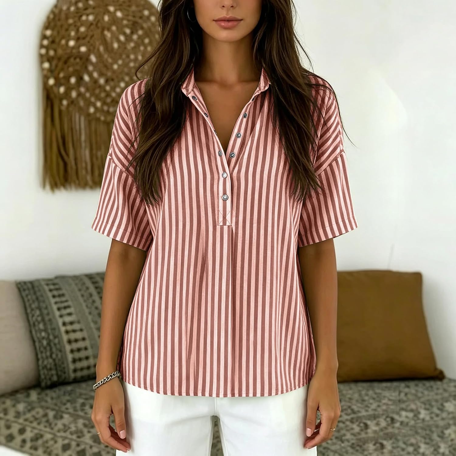 Womens Cotton Linen Striped Button Down Shirt - 2026 Summer Gauze Collared V Neck Half Sleeve Blouse Dressy Work Top