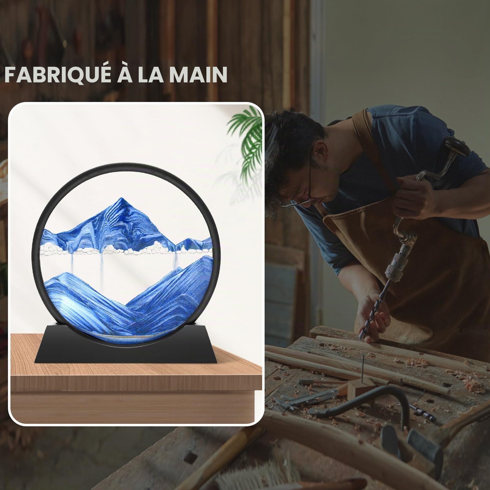 Tableau rotatif paysage de sable 3D fonds marins sablier décoratif Bleu 30,5 cm