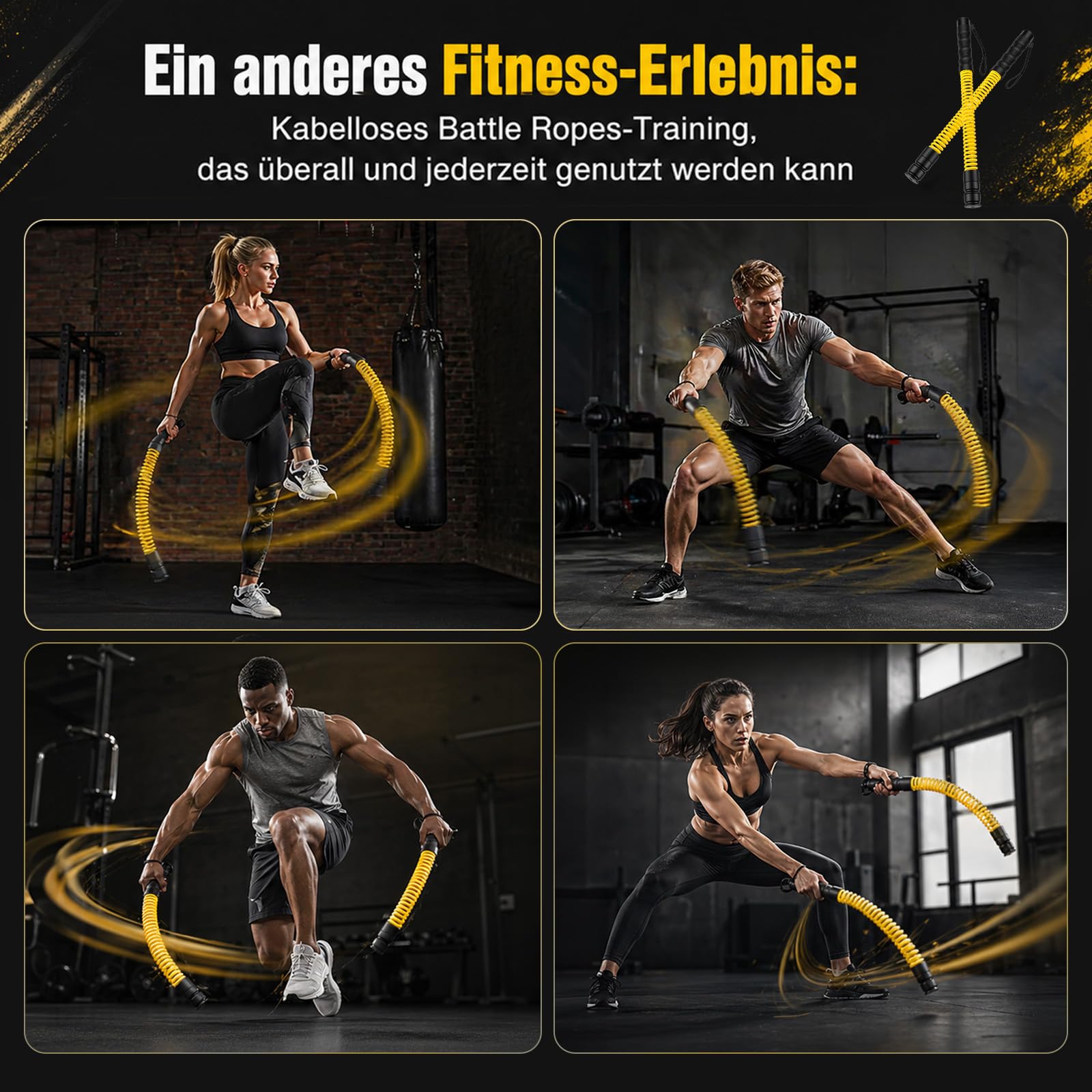 Battle Rope Ohne Seil mit Gewichtsringen – Verstellbare Battle Ropes (50-70 lbs) für Zuhause, Leise Seillose Battle Rope mit Silikon Griff, Ideal für Ganzkörpertraining, Fettverbrennung & Krafttrainin