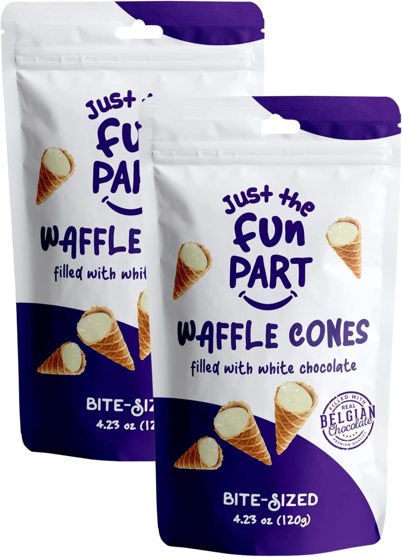 Bite-Size Crispy Mini Waffle Cones | Filled With Premium Belgian Chocolate | Great For Snacks, Desserts, Grab & Go | Kosher | 4.23 Ounce (Pack of 2, White Chocolate)