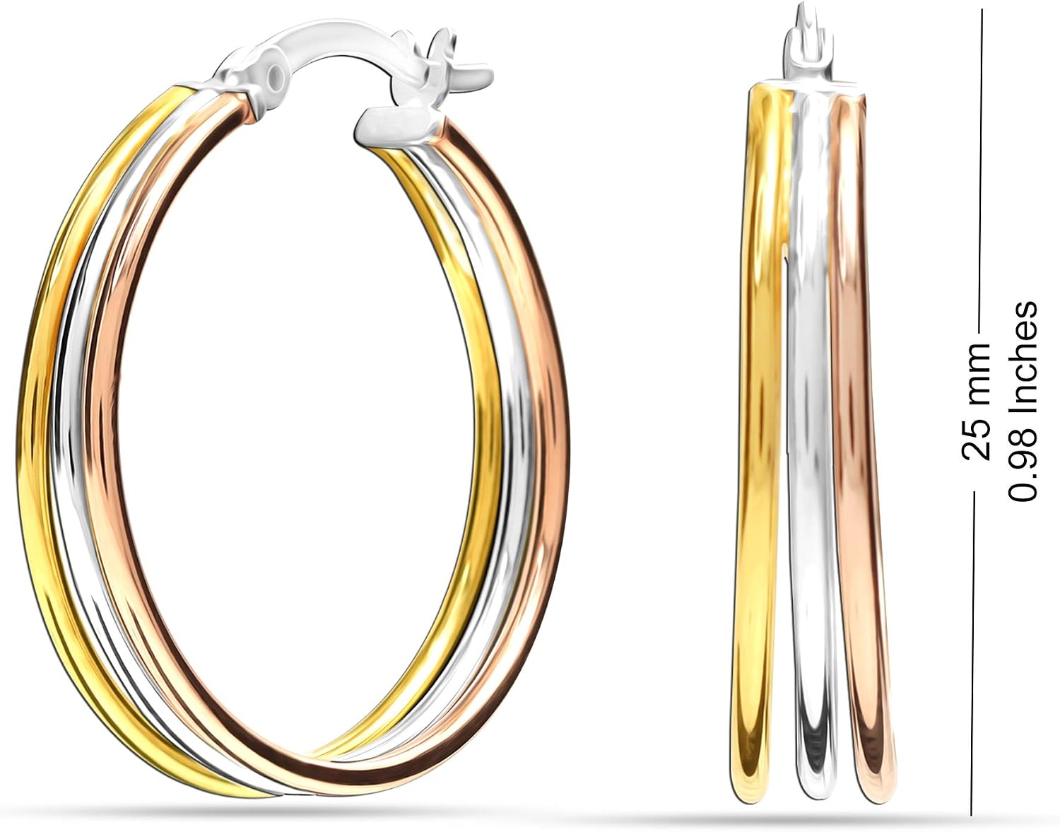 Chamsy 925 Sterling Silver Hoop Earrings for Women | 14K Rose-Gold & 14K Yellow-Gold Plated Silver Hoops | Three-Tone Hoop Earrings Jewelry