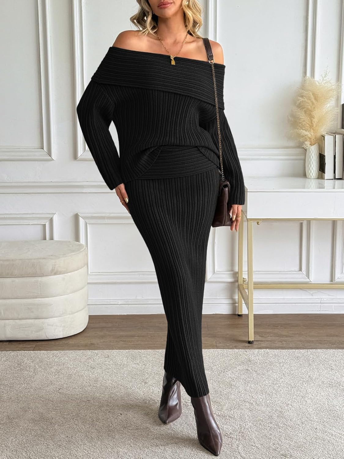 LILLUSORY Womens Off the Shoulder Sweater Dress Knit Two Piece Maxi Skirt Sets - Image 3