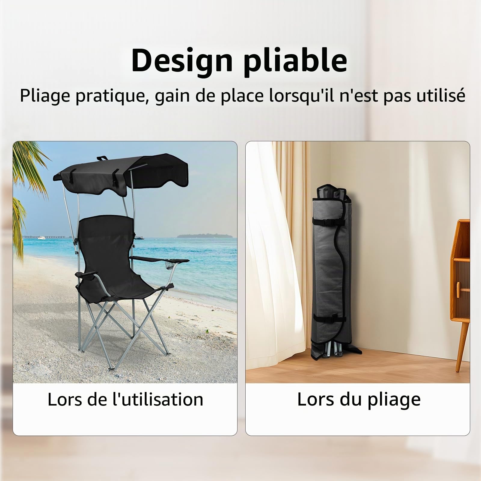 Chaise Pliante pour Voyages, Pêche, Festival - Noir avec Parasol et Porte-gobelet