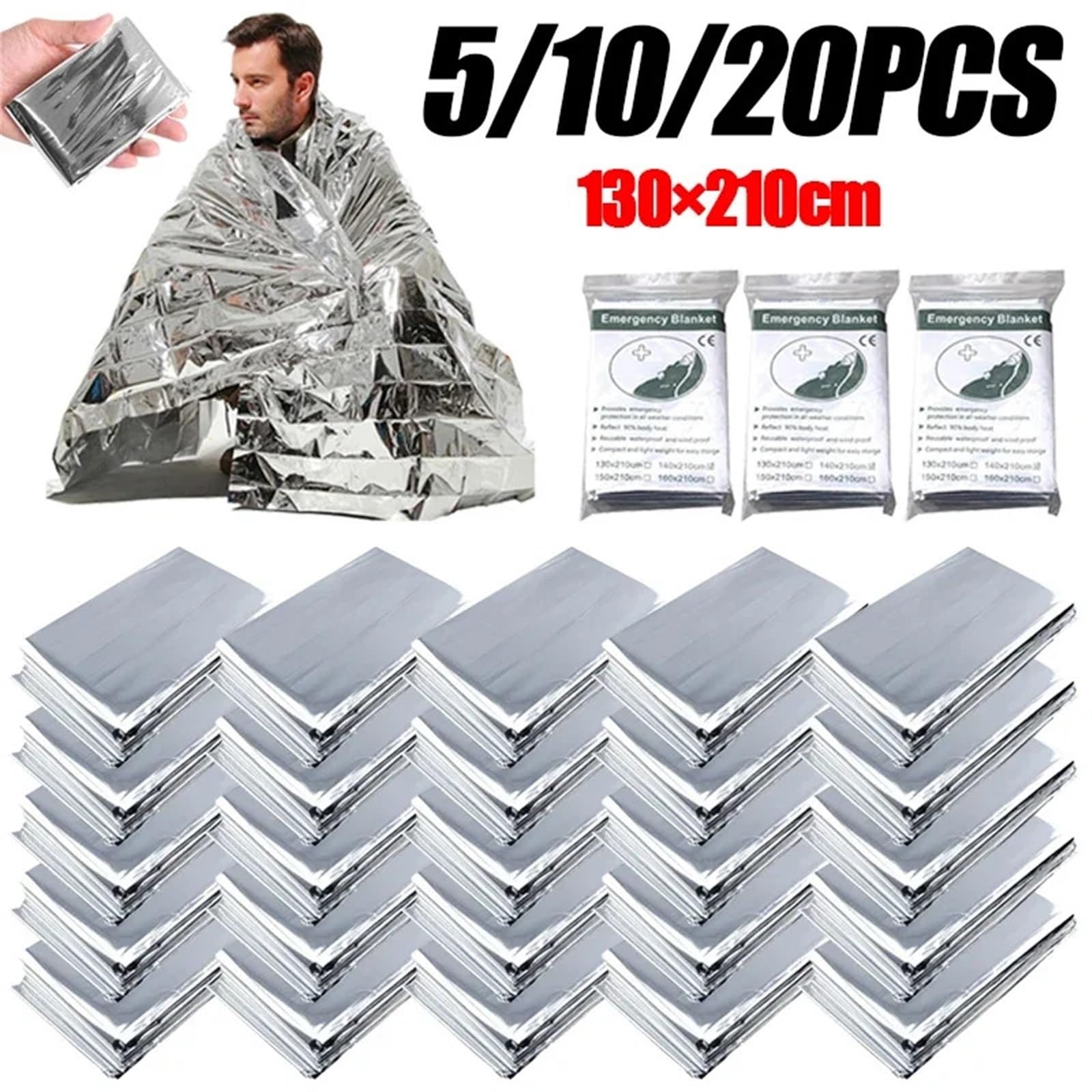 5/1020 Uds Manta térmica portátil de Supervivencia de Emergencia for Exteriores Manta Impermeable a Prueba de Viento Cubierta Reutilizable 210x13 0/160cm(130X210cm 20PCS)