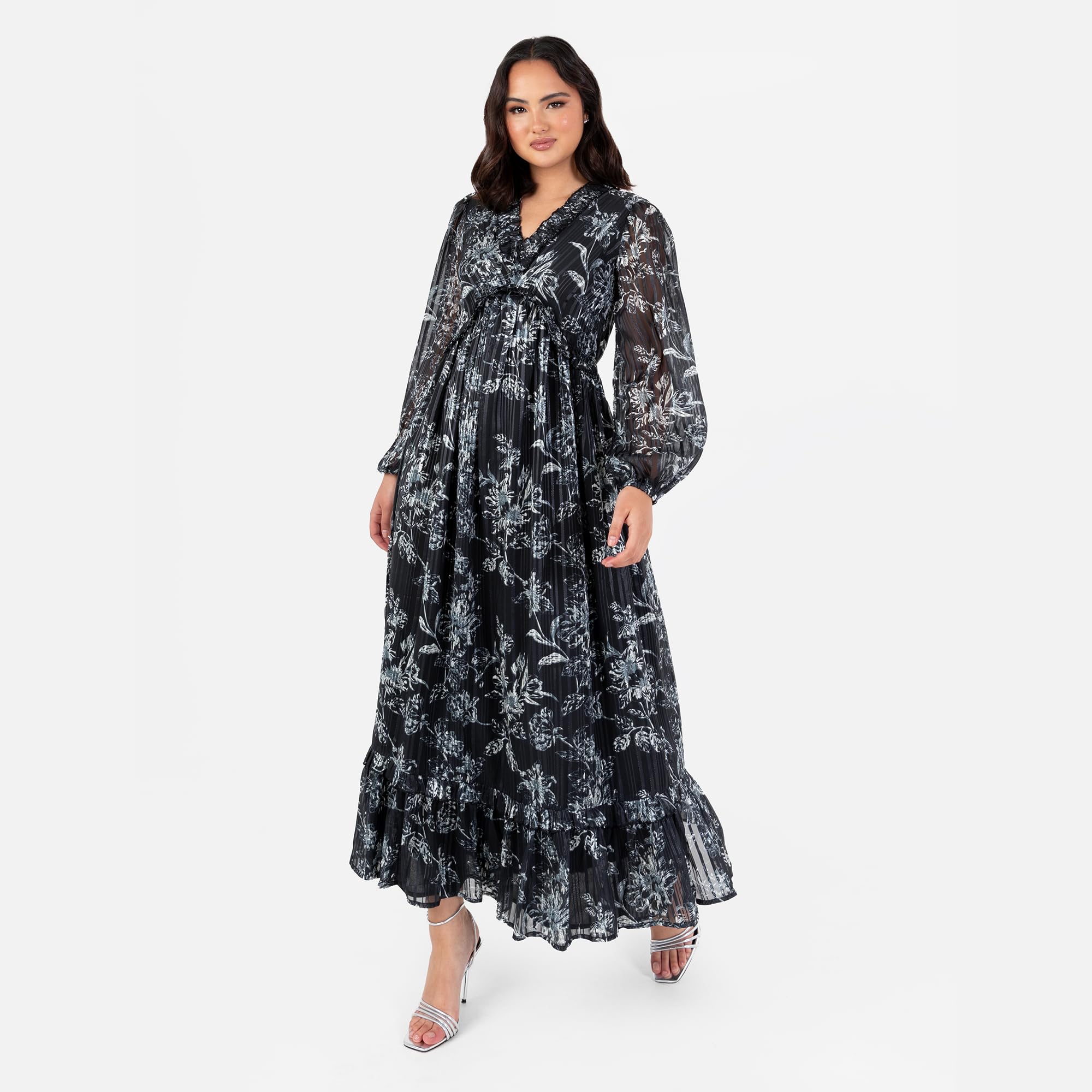 Lovedrobe Damen Women's Maxi Dress Ladies V-Neck Long Balloon Sleeve Floral Print Ruffle Frill Keyhole Back A-line Evening Occasion Dress (1er Pack)