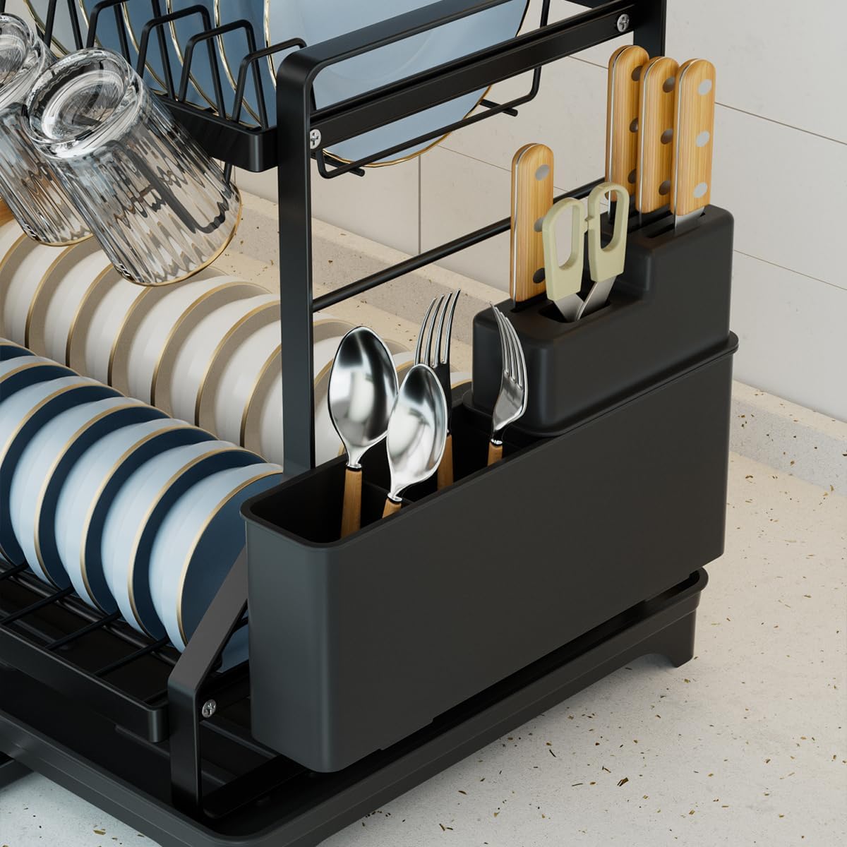 2-Tier Kitchen Dish Drying Rack with Drainboard, Black, Large Capacity Dish Rack with Cup Holder, Knife Block, Cutting Board Rack, 42x32.5x34cm