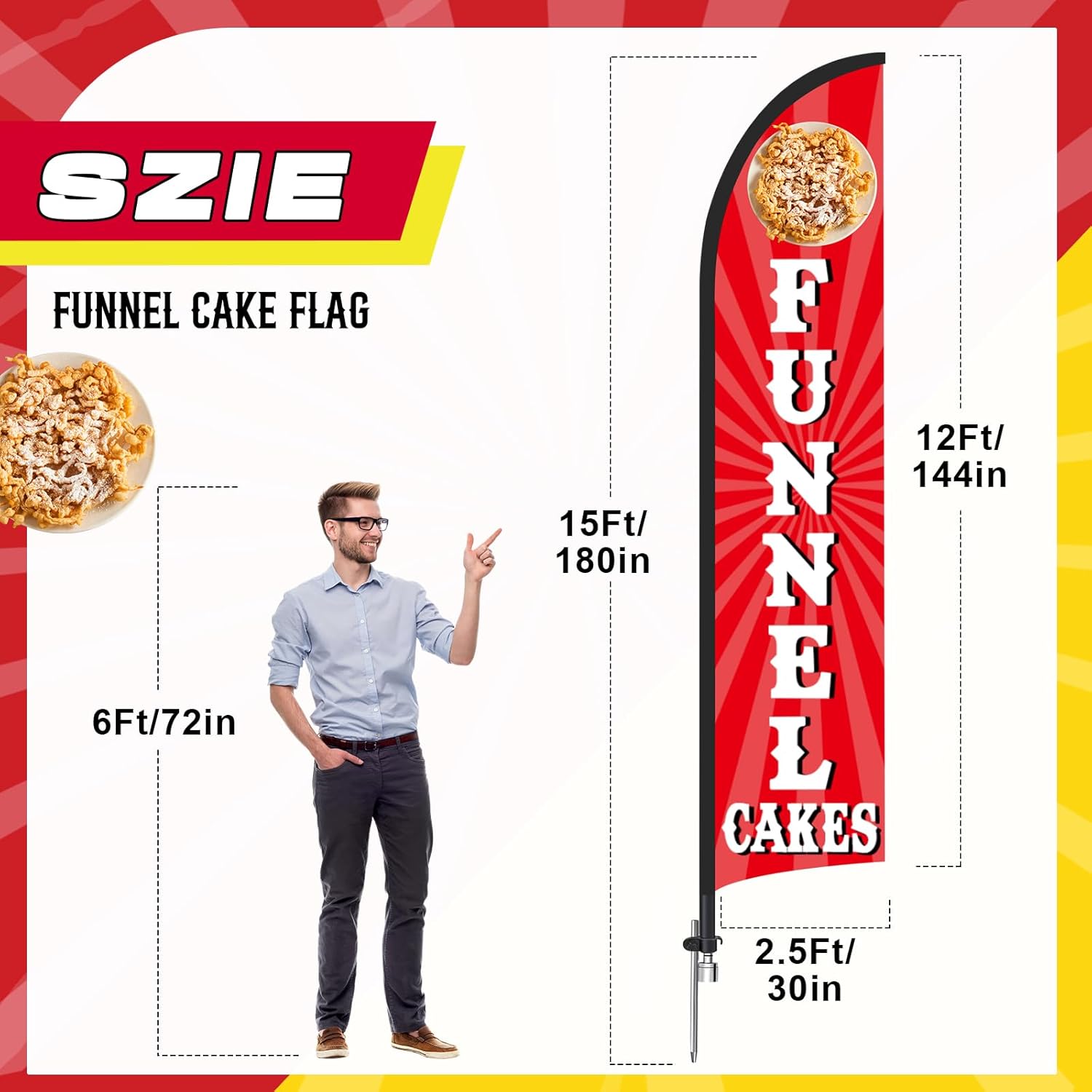 CroBlissful 12 x 2.5 ft Funnel Cakes Windless Swooper Flag Feather Banner with 15 ft Flag Pole Kit and Ground Stake for Mexican Restaurant Business Advertising Store Fronts Shops Outdoor