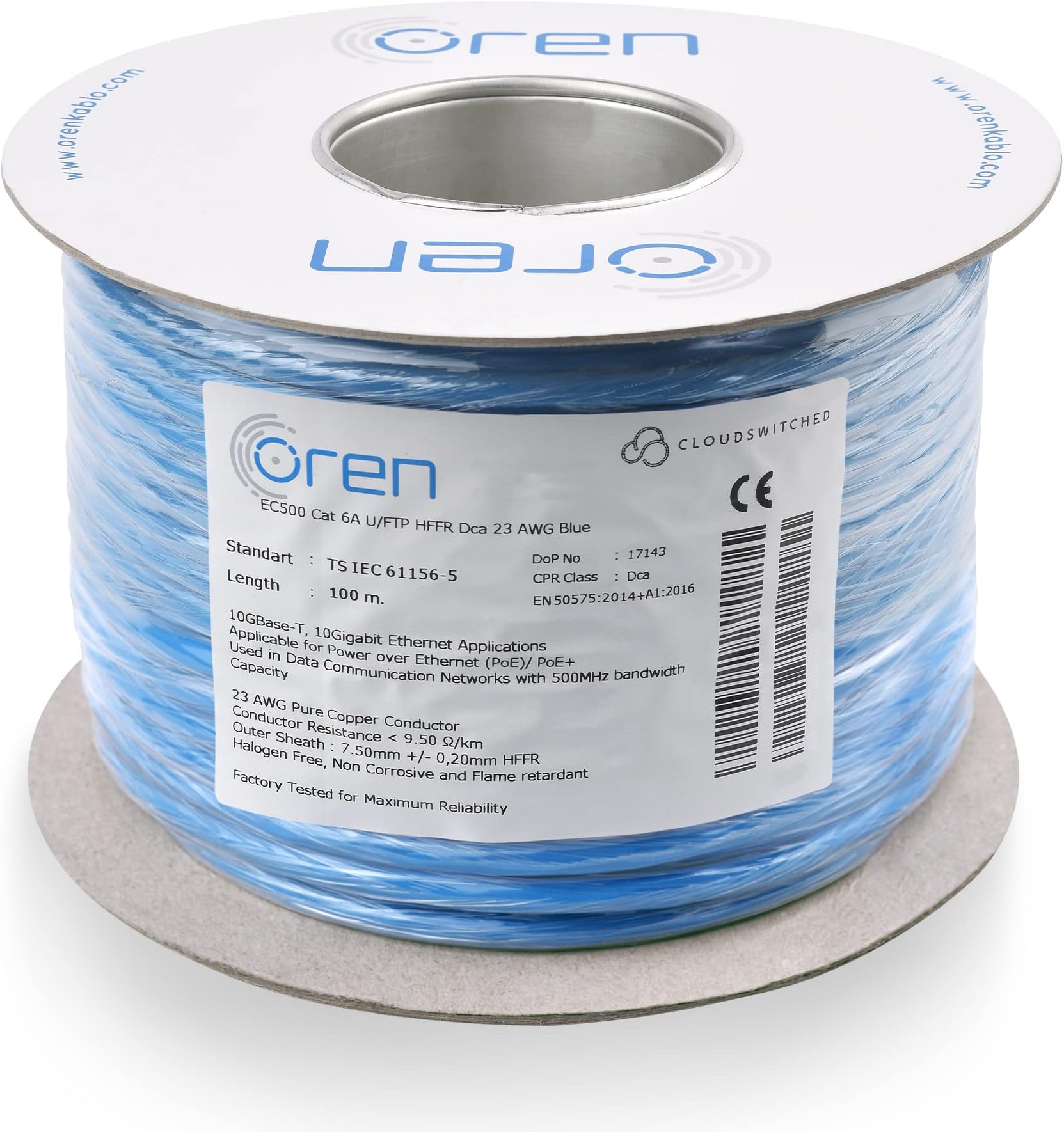 Oren CAT6A 100m Ethernet Cable - 23 AWG Pure Copper Wire - 500 MHz Bandwidth U/FTP Internet LAN Network Cable - Halogen Free, Non-Corrosive - 10GbE High Speed Ethernet