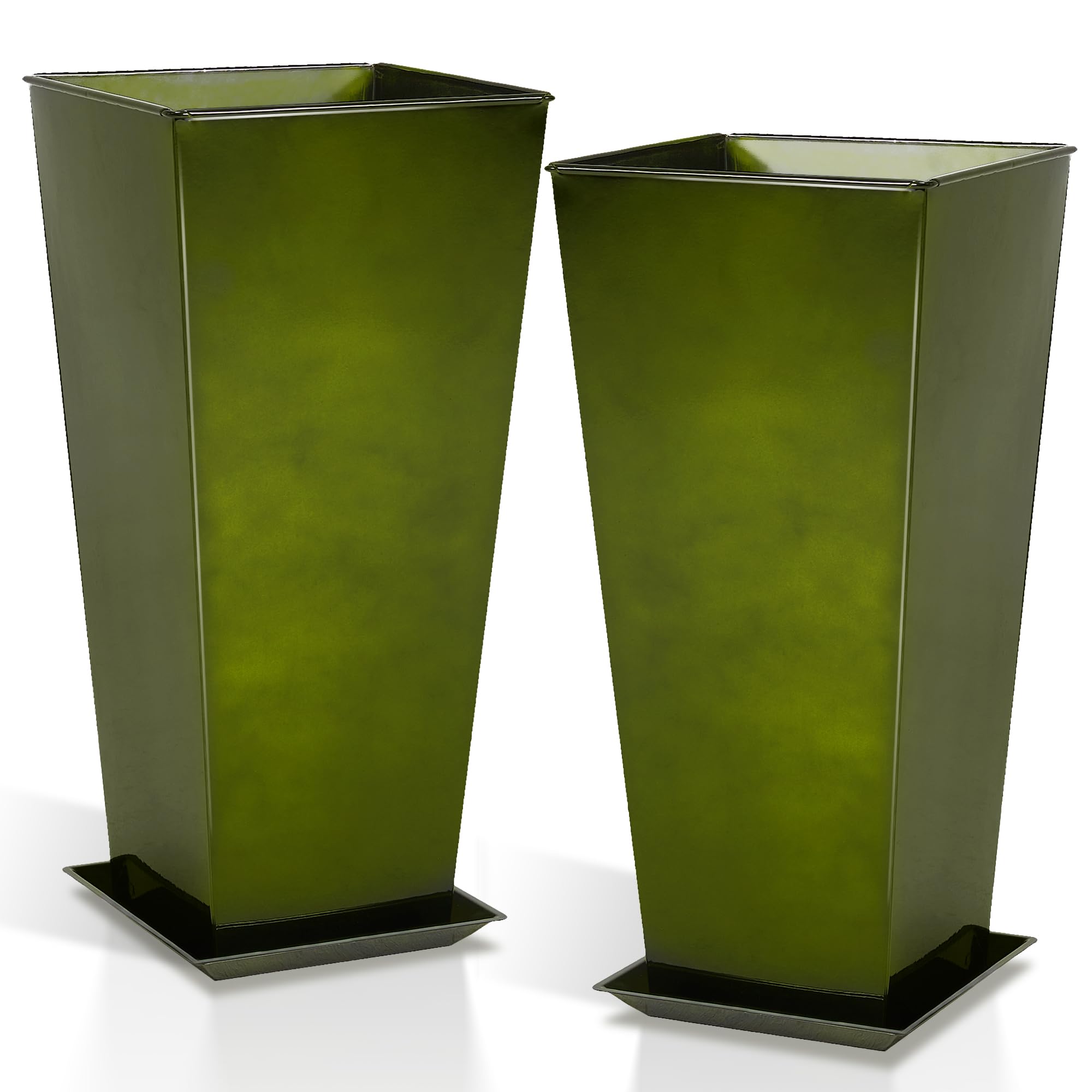 Worth Garden 25" Large Metal Glazed Planter Set of 2, Luxurious Glossy Finish Green Tall Square Tapered Steel Plant Pots, Decor Flower Pot Indoor & Outdoor, Drainage Hole & Dual-Purpose Plant Saucer