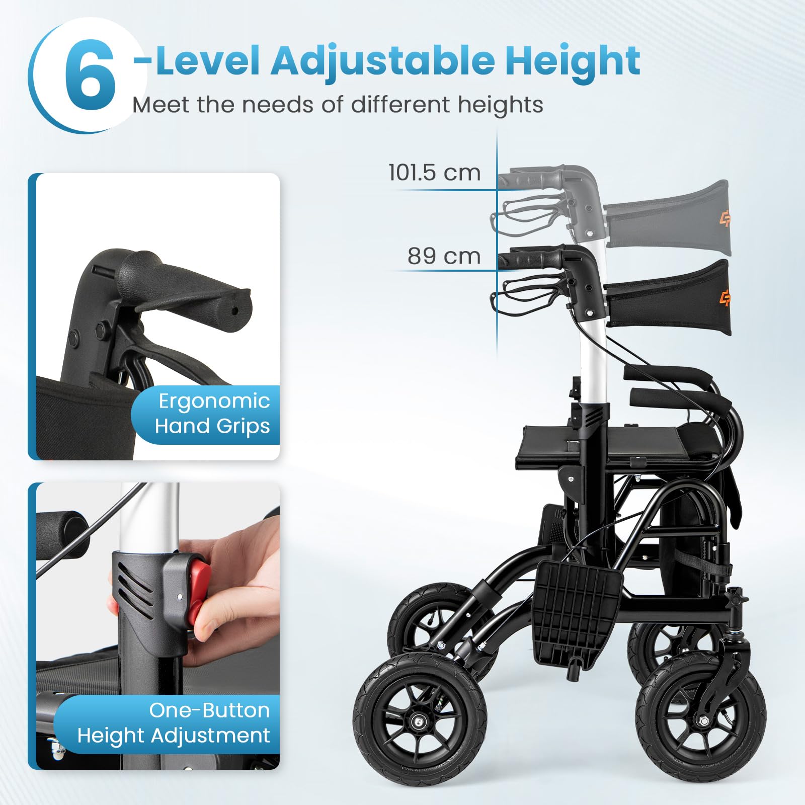 FANTASK 2 in 1 Rollstuhl & Reiserollator, Rollator faltbar & leicht mit Luftbereifung, Gehhilfe bis 140 kg, Rückenlehne mit Sitz 6-fach höhenverstellbar, Gehwagen mit Tasche & Stockhalter (Schwarz)