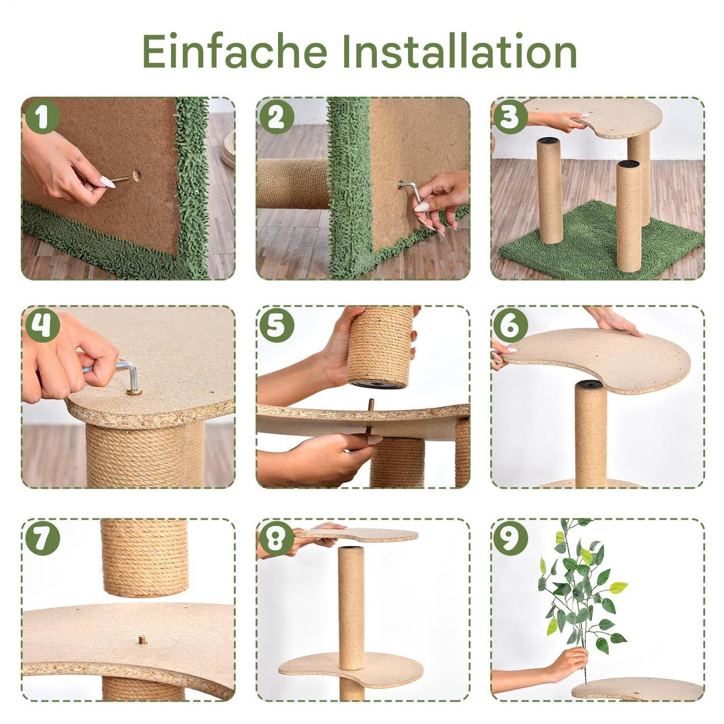 Tiragraffi con foglie e telaio in legno, 150 × 50 × 50 cm – stabile albero per gatti a più piani con palo in sisal, design moderno per casa, gioco e relax