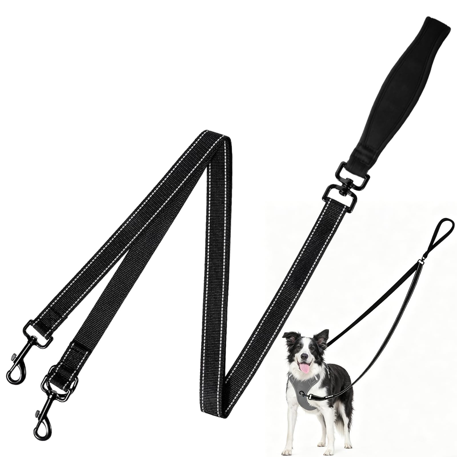 Two Point Control Dog Lead - No Pull Dog Lead with Double Ended - Reflective Adjustable Training Lead with Padded Handle - Anti Pull Lead for Medium Large Dogs (Black)