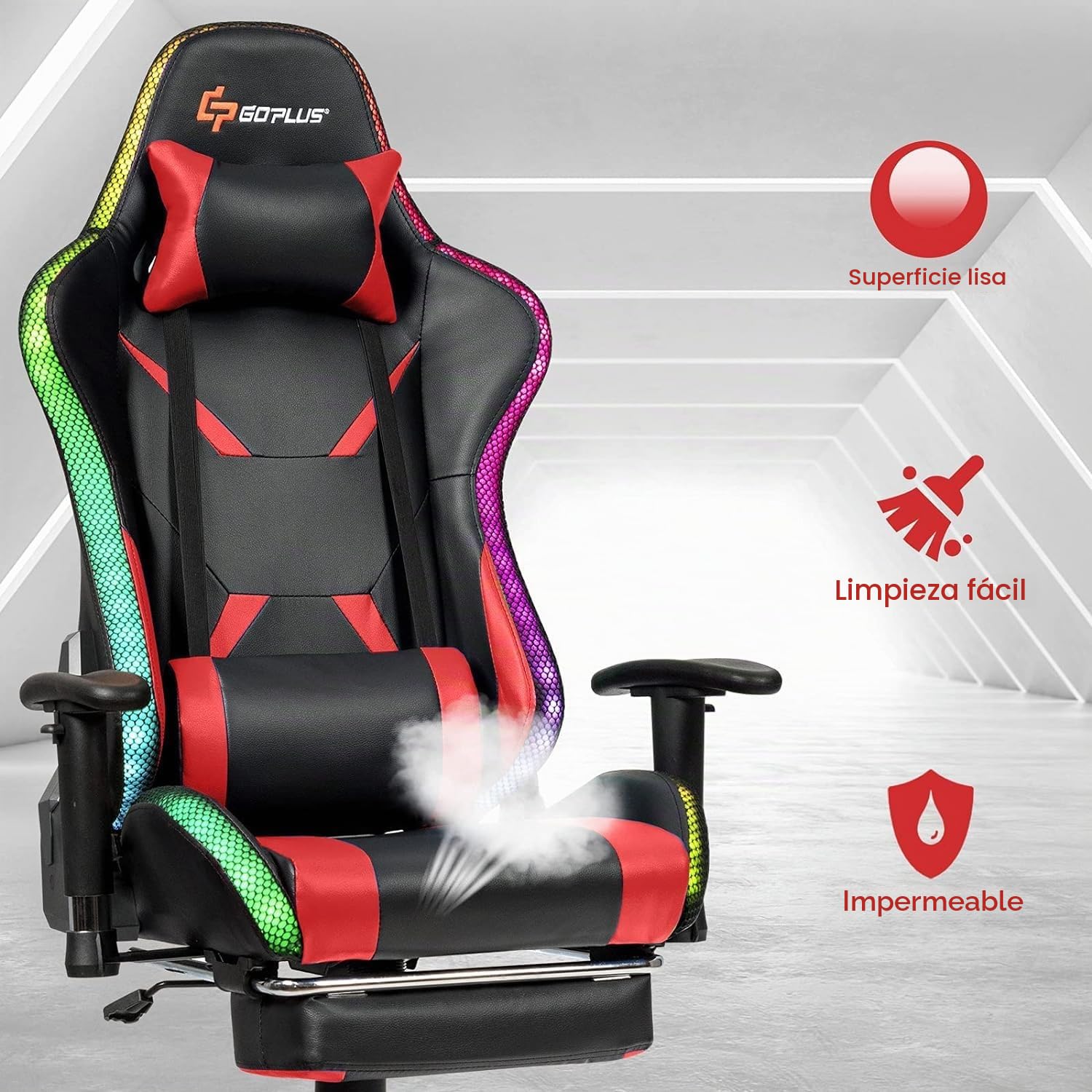 GOPLUS Silla Gaming, Silla Gamer Giratoria con Respaldo Reclinable 90-155°, Luces LED RGB, Altura y Reposabrazos Ajustables, Reposapiés Retráctil y Soporte Lumbar, Silla Ergonómica para Oficina (Rojo)