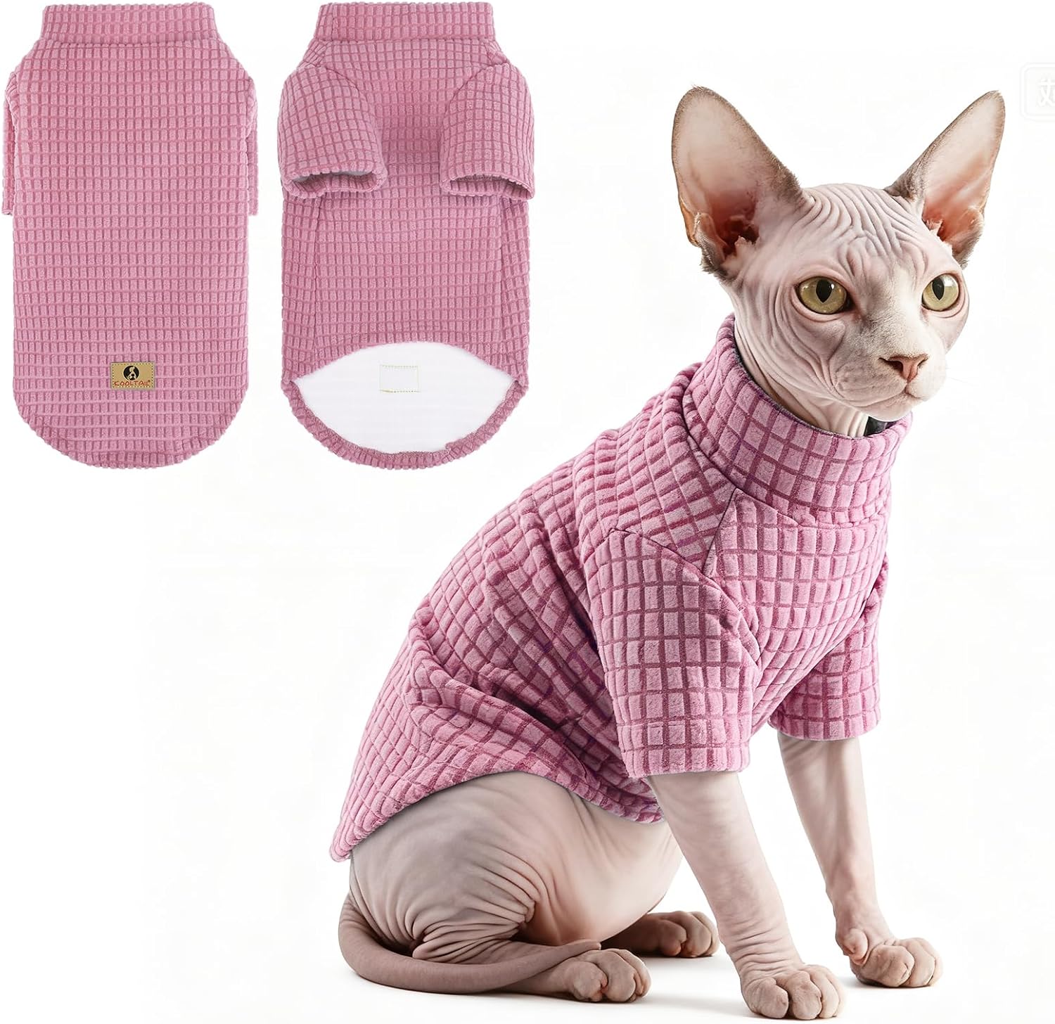 KOOLTAIL Cat Sweater for Sphynx – Soft Fleece Sweaters for Cats Only, Elastic Pet Clothes with Sleeves, Thick Winter Warm Cold Weather Apparel for Hairless Cat, Puppy Pajamas for Small Dogs, Pink S