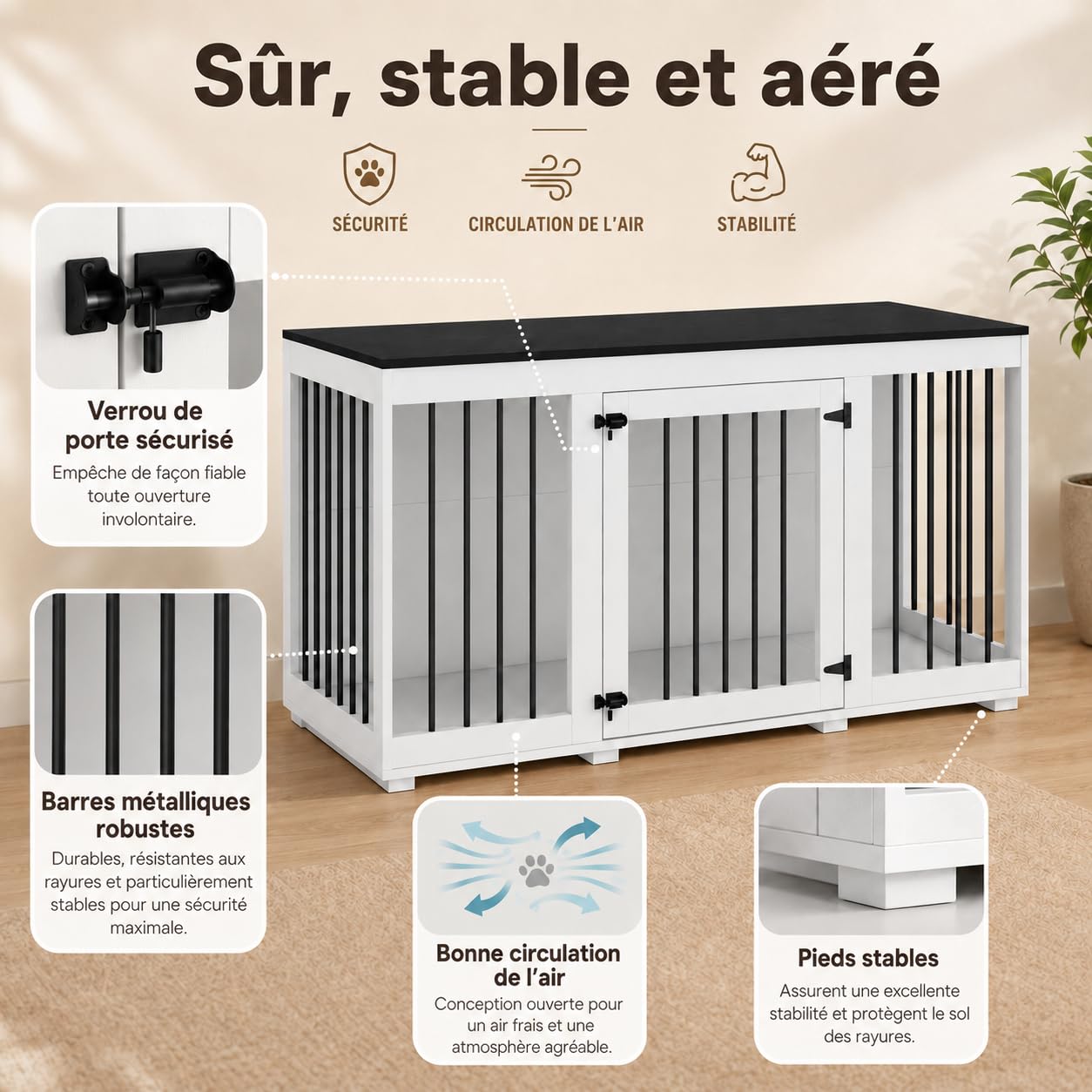 Cage pour Chien XXL 136cm pour Très Grands Chiens – Meuble Cage 2 Portes, Charge 50kg & Décor Métal Noir, 70cm de Haut – Niche Style Buffet pour Salon, 136×70×56cm, Blanc-Noir