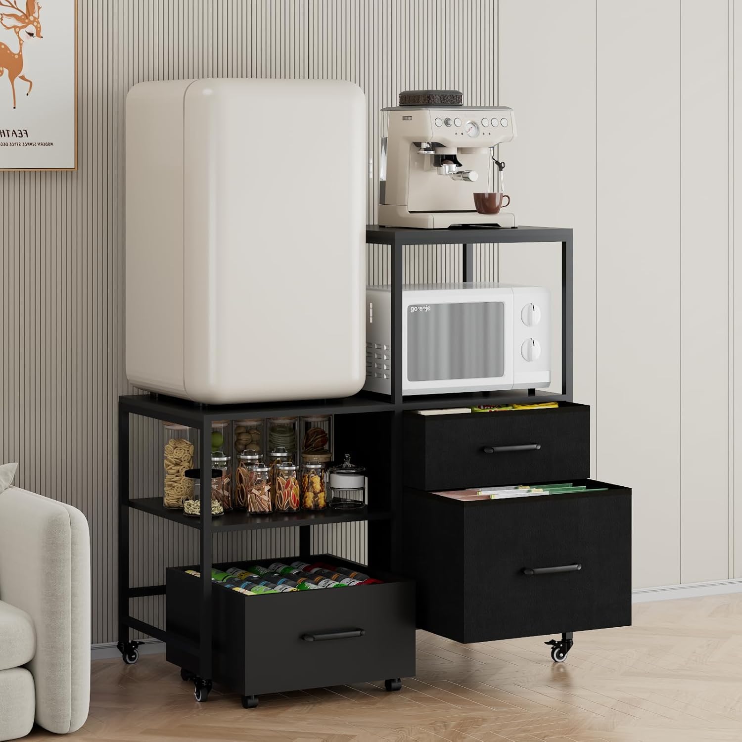 Mini Fridge Stand with Rolling Basket Cart, 300 lb Load Capacity Storage Rack with 3 Drawers and Lockable Wheels – Rustic Brown and Black Cabinet with Fabric Drawers, Ideal for Dorms, Apartments, Home