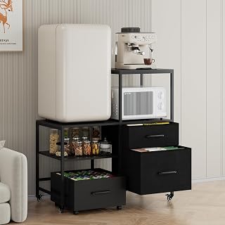 Mini Fridge Stand with Rolling Basket Cart, 300 lb Load Capacity Storage Rack with 3 Drawers and Lockable Wheels – Rustic Brown and Black Cabinet with Fabric Drawers, Ideal for Dorms, Apartments, Home