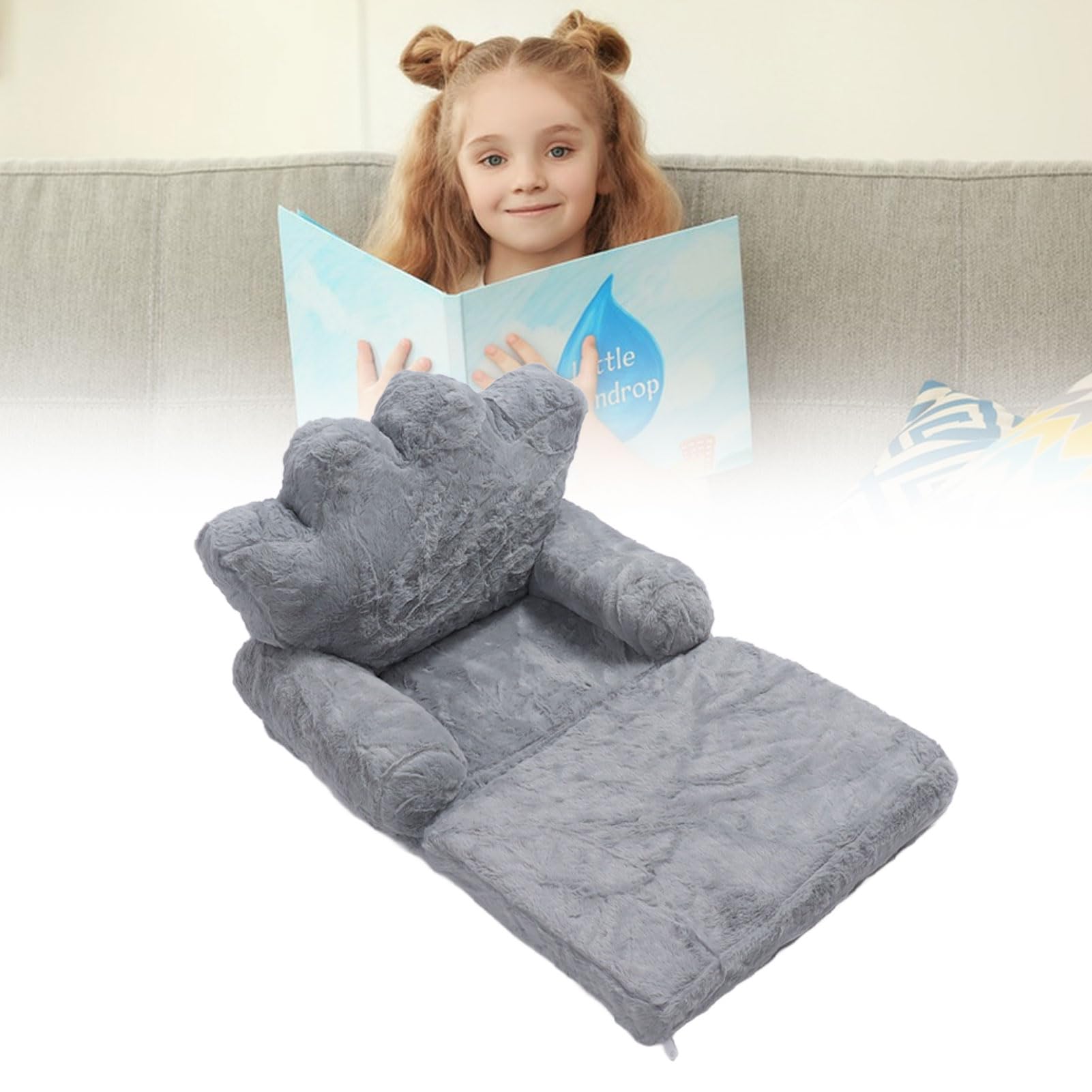 Cojín de Asiento Plegable, Cojín de Silla para Niña, Princesa, sofá Infantil Pequeño con Respaldo en Piel de Conejo Gris (2 Niveles)