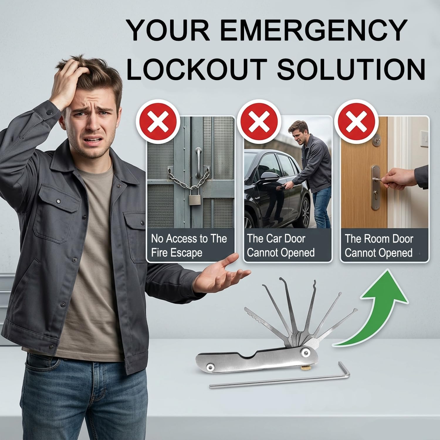 Kit di grimaldelli 7 in 1, portatile, pieghevole, in acciaio inox, per pratica e uso di emergenza, ideale per principianti