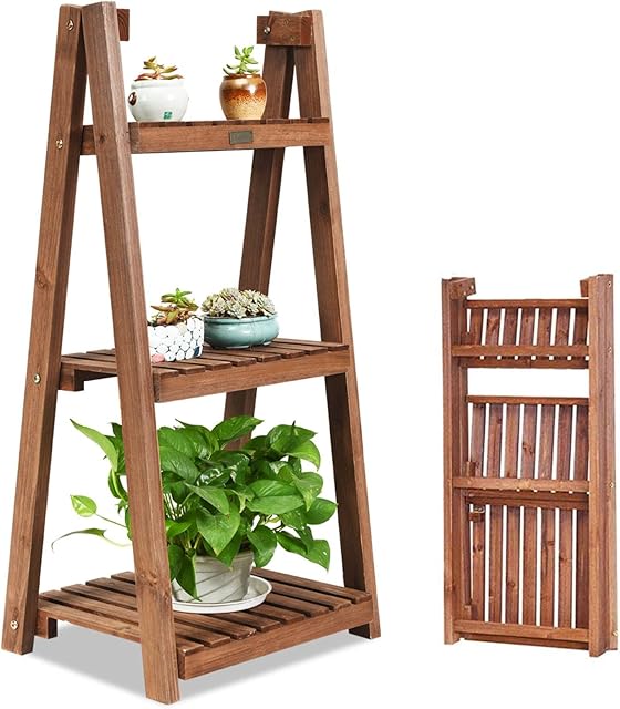 COSTWAY 3/4 Tier Folding Plant Rack, Wooden Flower Shelf Display Ladder, Free Standing Plants Pot Stand Shelves for Garden Home Balcony (45 X 38 X 95cm)