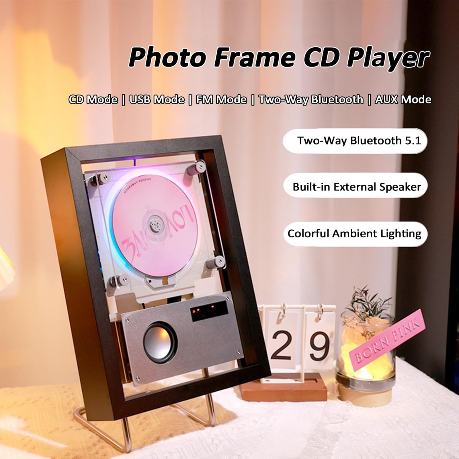 Lettore CD da Parete Lettore Musicale Bluetooth con Display LED | Lettore CD Decorativo con Bluetooth 5.1 Riproduzione USB AUX Telecomando Design a Disco Rotante per Intrattenimento Audio(C)