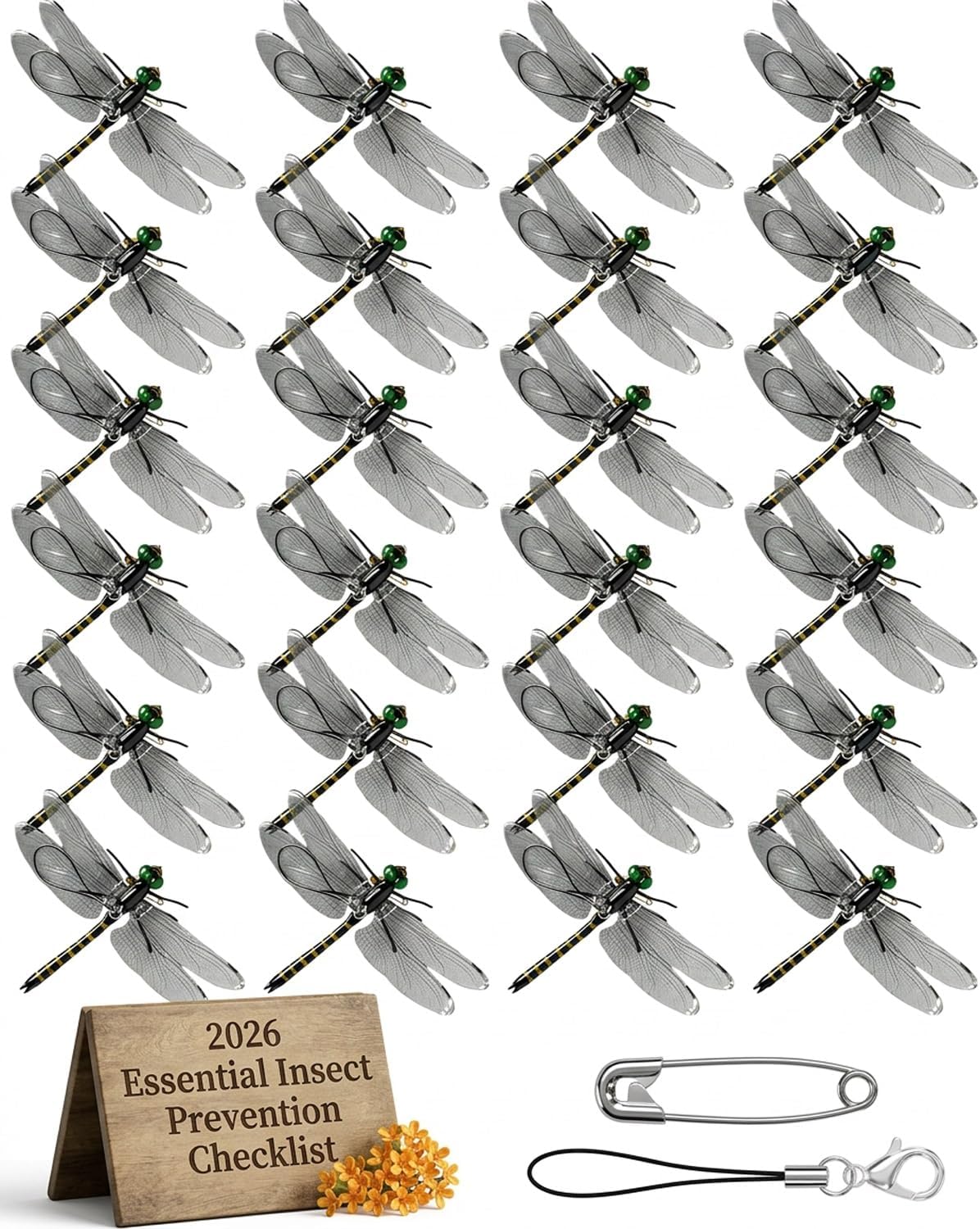 Dragonfly Clips for Bugs Repellent, 3D Artificial Dragon Fly, Lifelike Outdoor Hanging Ornament Garden Decor, Durable Fake to Keep Away Yard Ornaments Hat Golf Moving(Black(24pcs))