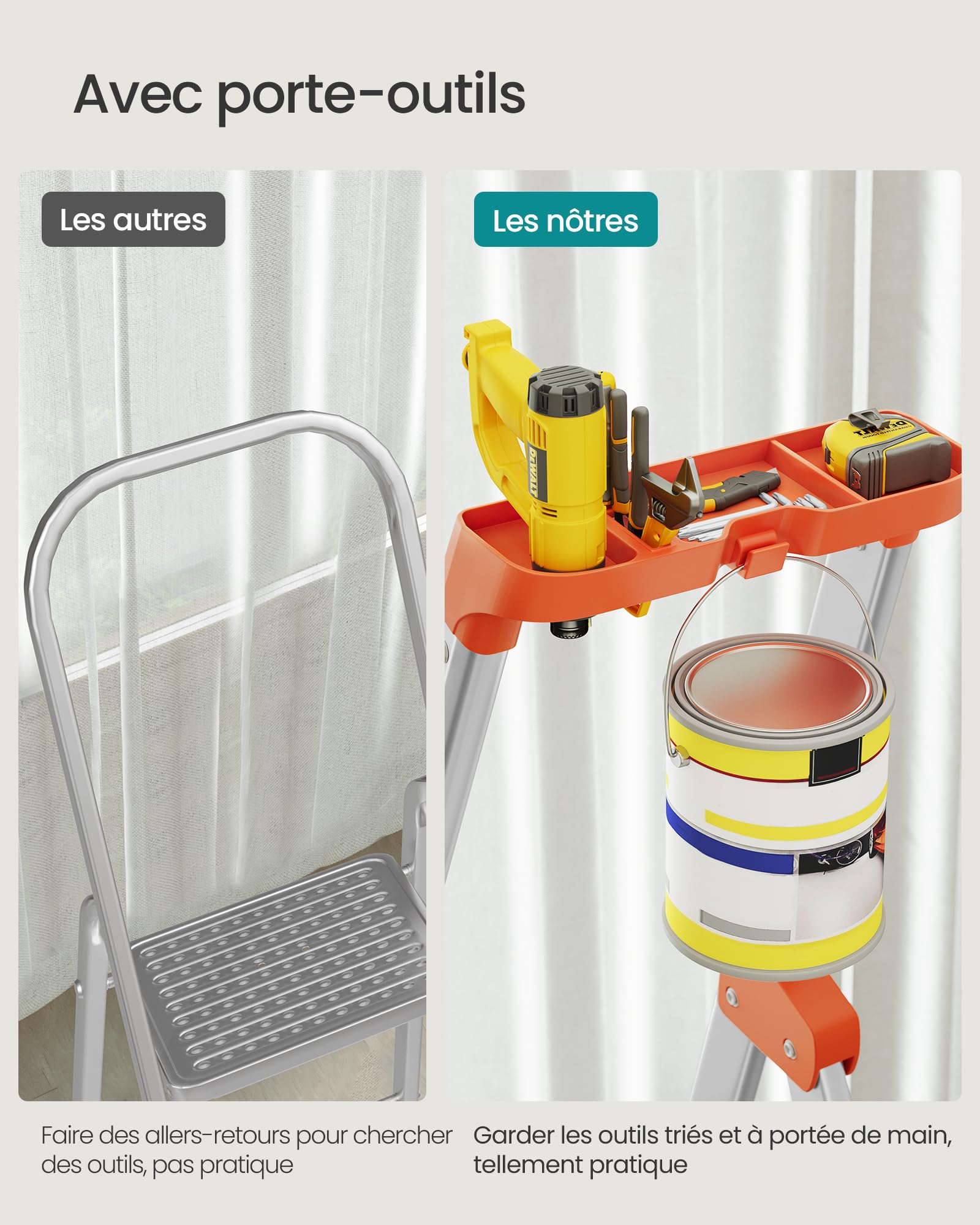 SONGMICS Échelle 6 Marches, en Alliage d'Aluminium, Escabeau, Largeur de la Marche 12 cm, Pliable, Plateau à Outil, Pieds Antidérapants, Capacité de Charge 150 kg, Noir et Orange GLT06BK