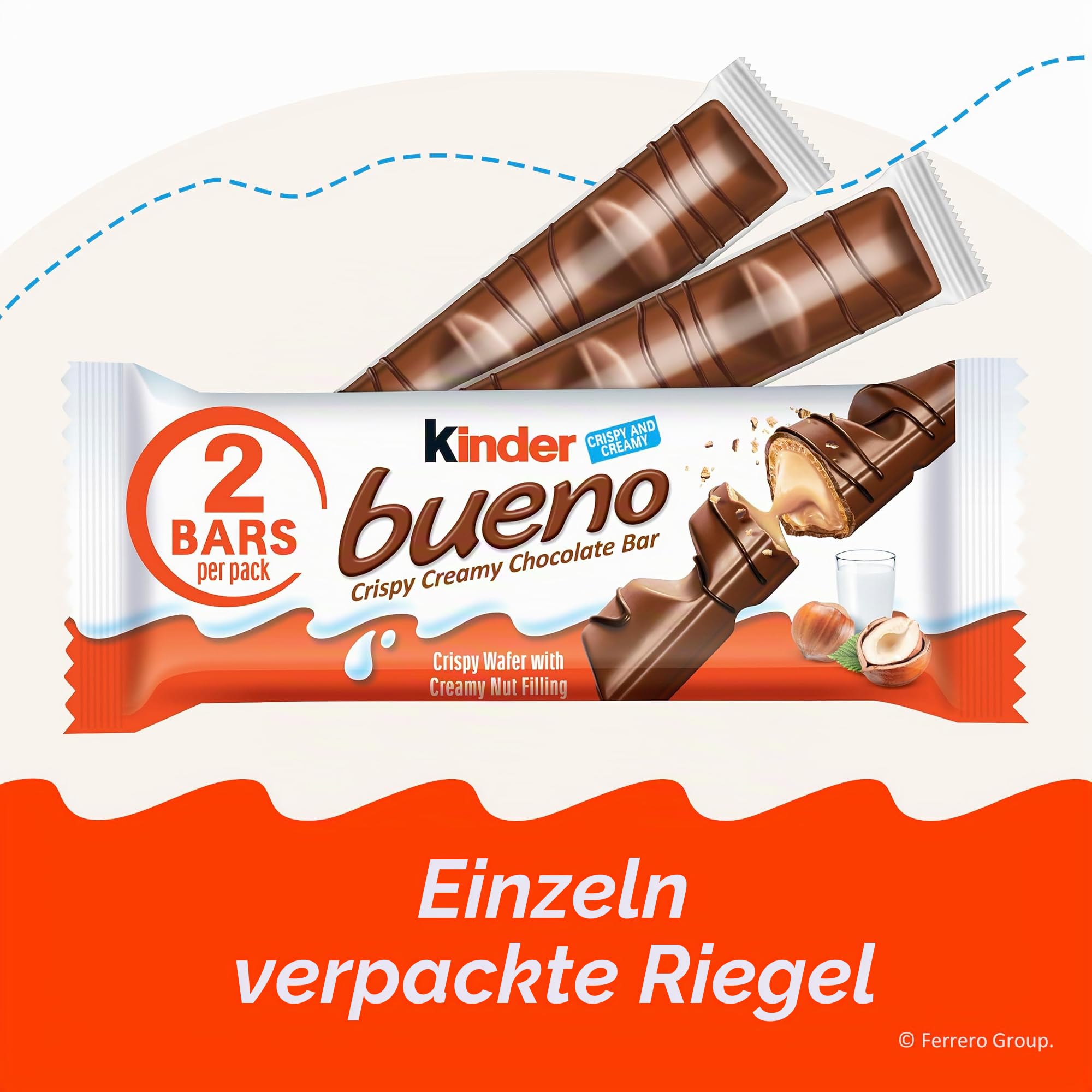 FQDDZ Kinder Bueno Milk Chocolate and Hazelnut Cream, 2 Individually Wrapped Chocolate Bars Per Pack, 1.5 oz each, Bulk 20 Pack