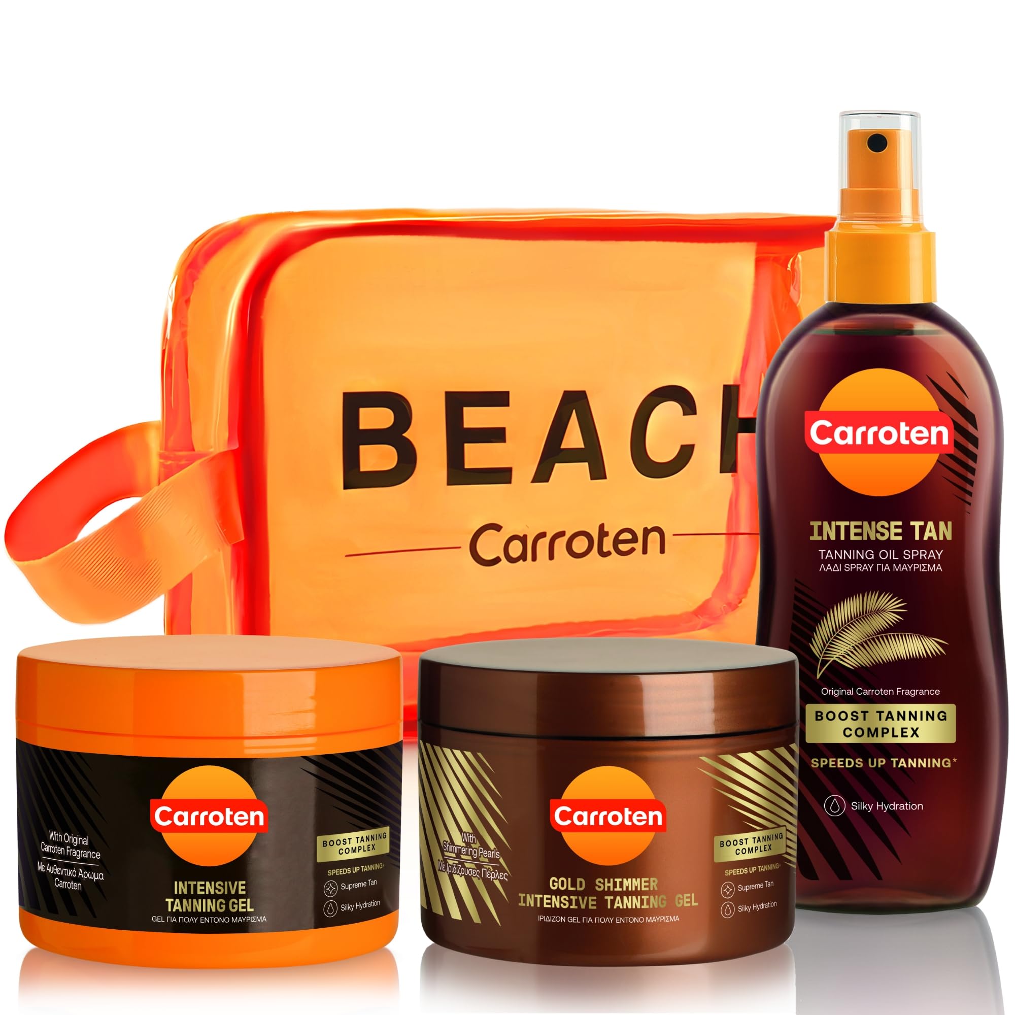 Carroten set di 3 acceleratori d'abbronzatura - Kit d'abbronzatura composto da Gold Tanning Gel e Intensive Tanning Gel 150 ml, e Intensive Tan Oil 150 ml, inclusa borsa cosmetica