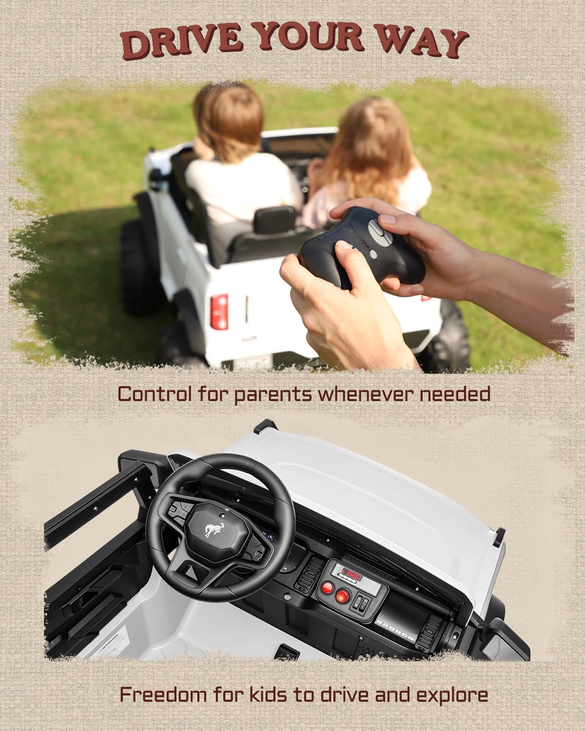 First Ride On 24V 2 Seater Ride on Car for Kids, Licensed Ford Bronco Base Electric Car with Remote Control, Toddler Car with Remote Control, Bluetooth, LED, Seat Belts and Spacious Design (White)