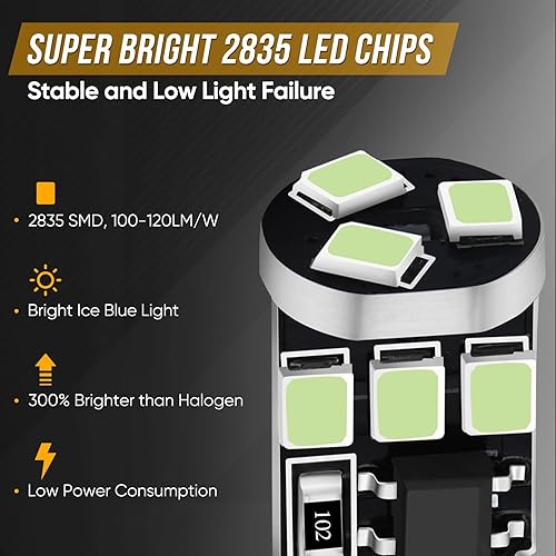 Miniatura 3 de 194 bombillas LED T10 W5W 2825 158 192 168 Canbus 9SMD 2835 Chipset azul hielo extremadamente brillante sin polaridad para interior de coche,