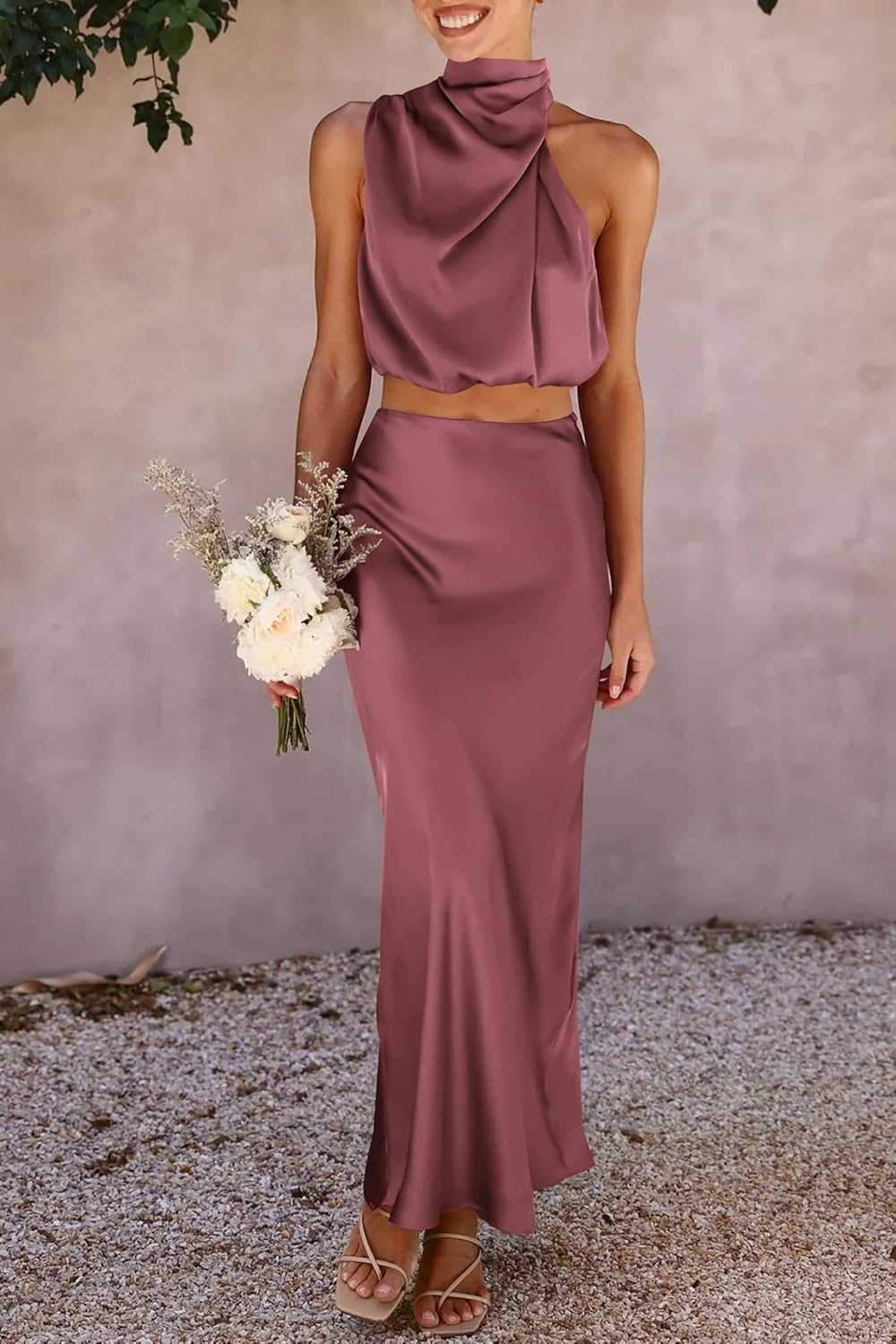 PRETTYGARDEN Women's 2 Piece Satin Outfits Summer Sleeveless Mock Neck Crop Tops and Long Skirt Dress Sets - Image 7