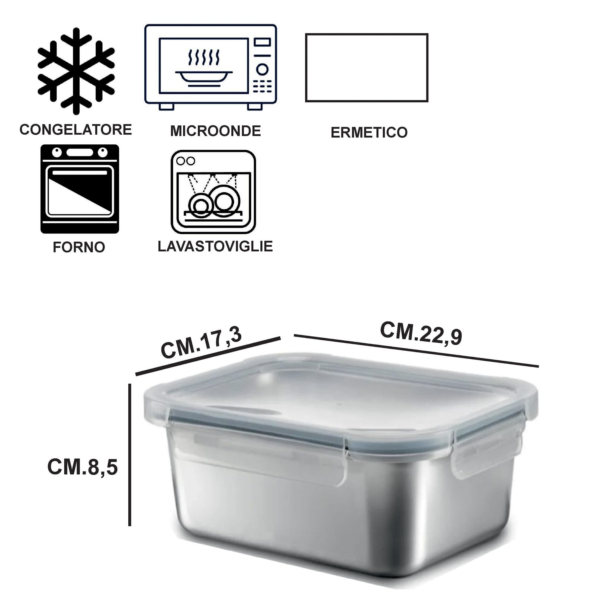Sicignano | Set 2 Contenitori Alimenti Acciaio Inox Rettangolari ml.1780, Lunch Box Ermetici con Coperchio, Porta Pranzo per Ufficio e Scuola, Adatti a Microonde, Forno, Frigo e Freezer