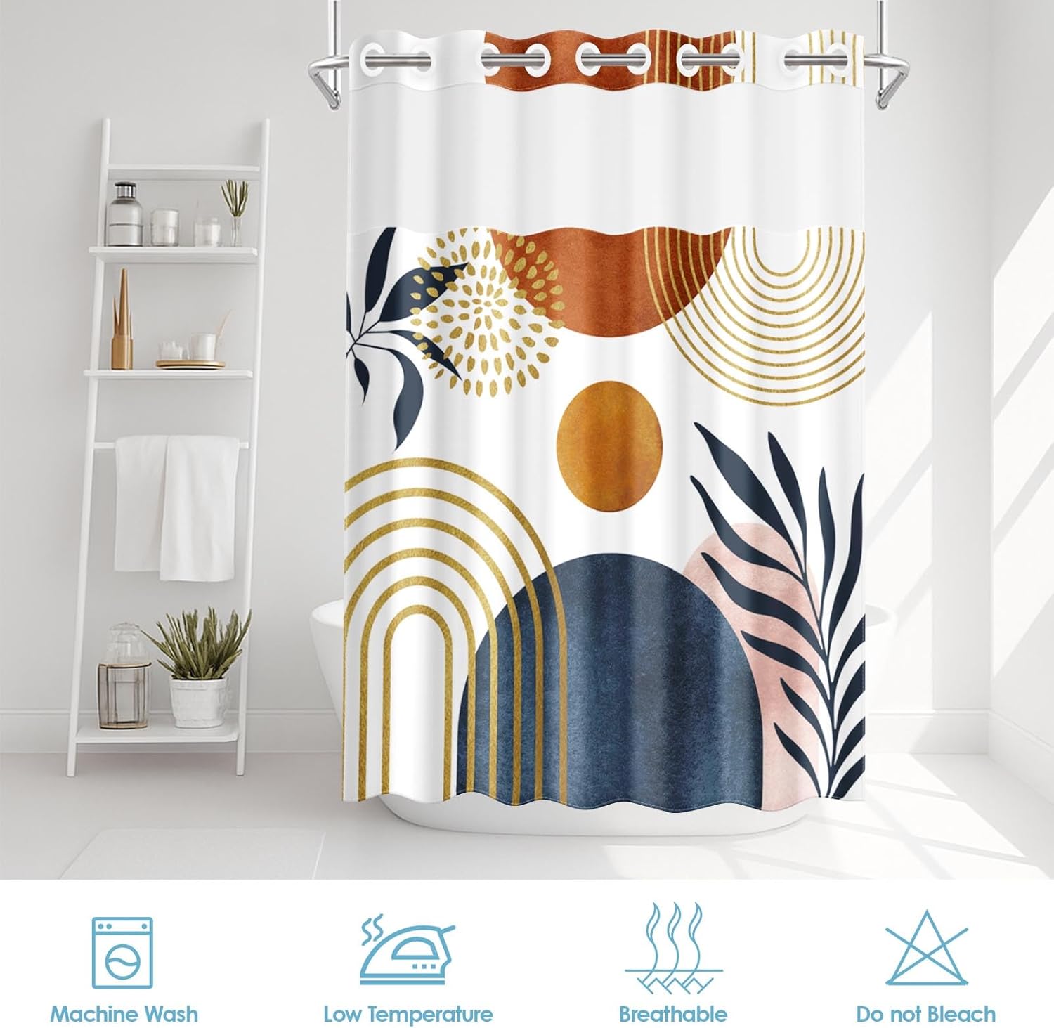 No Hook Boho Mid Century Shower Curtain with Snap in Fabric Liner, Abstract Leaves Sun Arch Double Layers Waterproof Fabric with See Through Top Window Open Grommet Bath Curtain 71x74 Inch