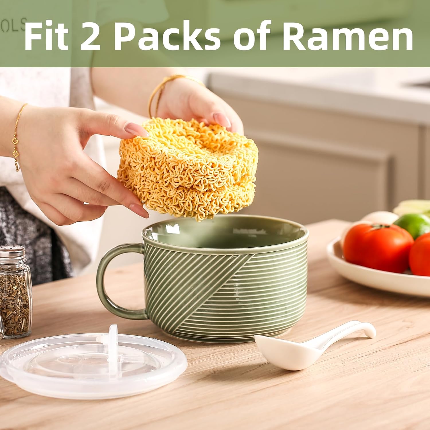 Ceramic Soup Bowls with Lids: 38 Ounce Extra Large Soup Mug with Handle & Spoon - Oversized Microwave Ramen Bowl Set of 2, 6 Inch, Green & White
