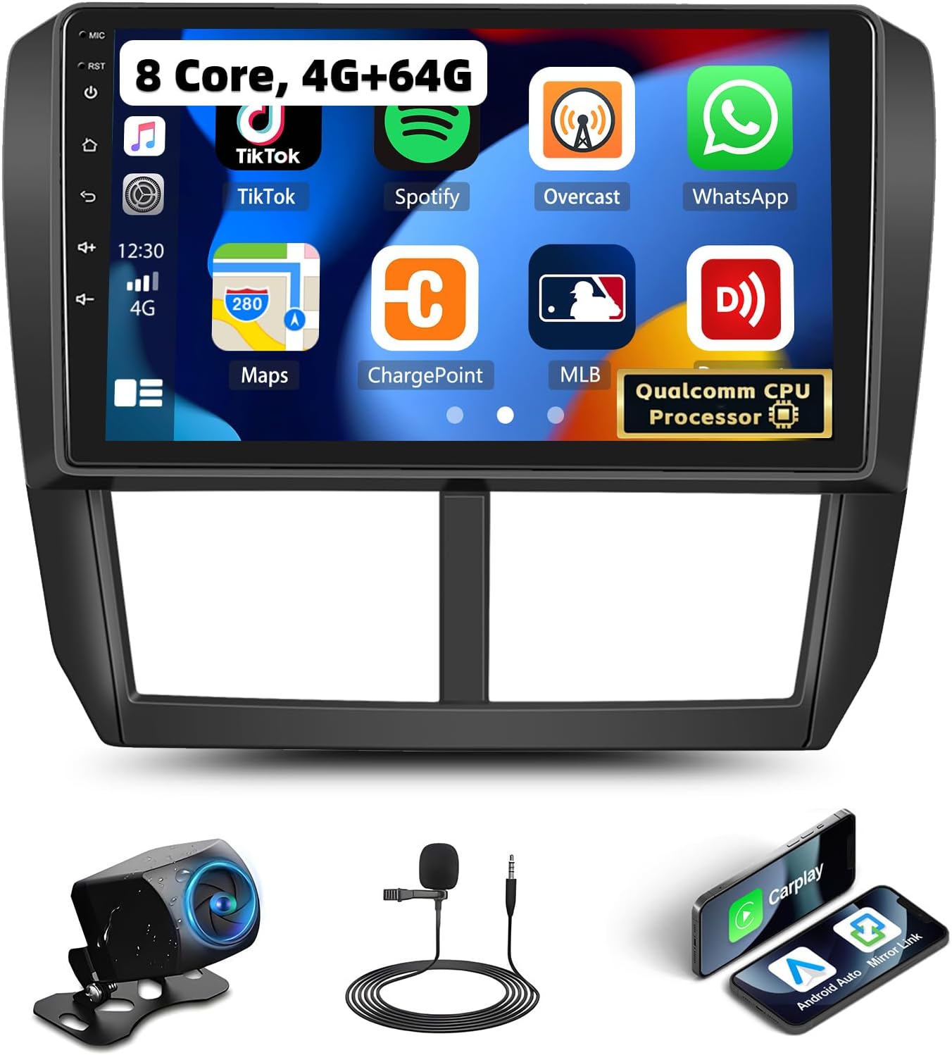[4G+64G, 8 Core] Qualcomm Car Radio Android Stereo for Subaru Forester Impreza WRX 2008-2012 CarPlay Android Auto, 9 Inch Touchscreen GPS Navigation BT 5.1 DSP FM/RDS WiFi 6/4G SWC Backup Camera