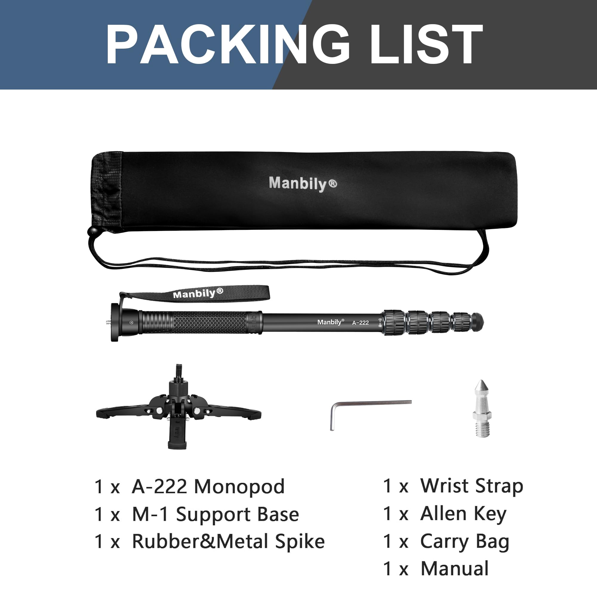 Manbily A-222 Monopode pour appareils photo avec pieds, 5 sections, 170 cm, charge maximale 7 kg, monopode extensible portable en aluminium pour caméscope vidéo DSLR Canon, Nikon, Sony (gris)