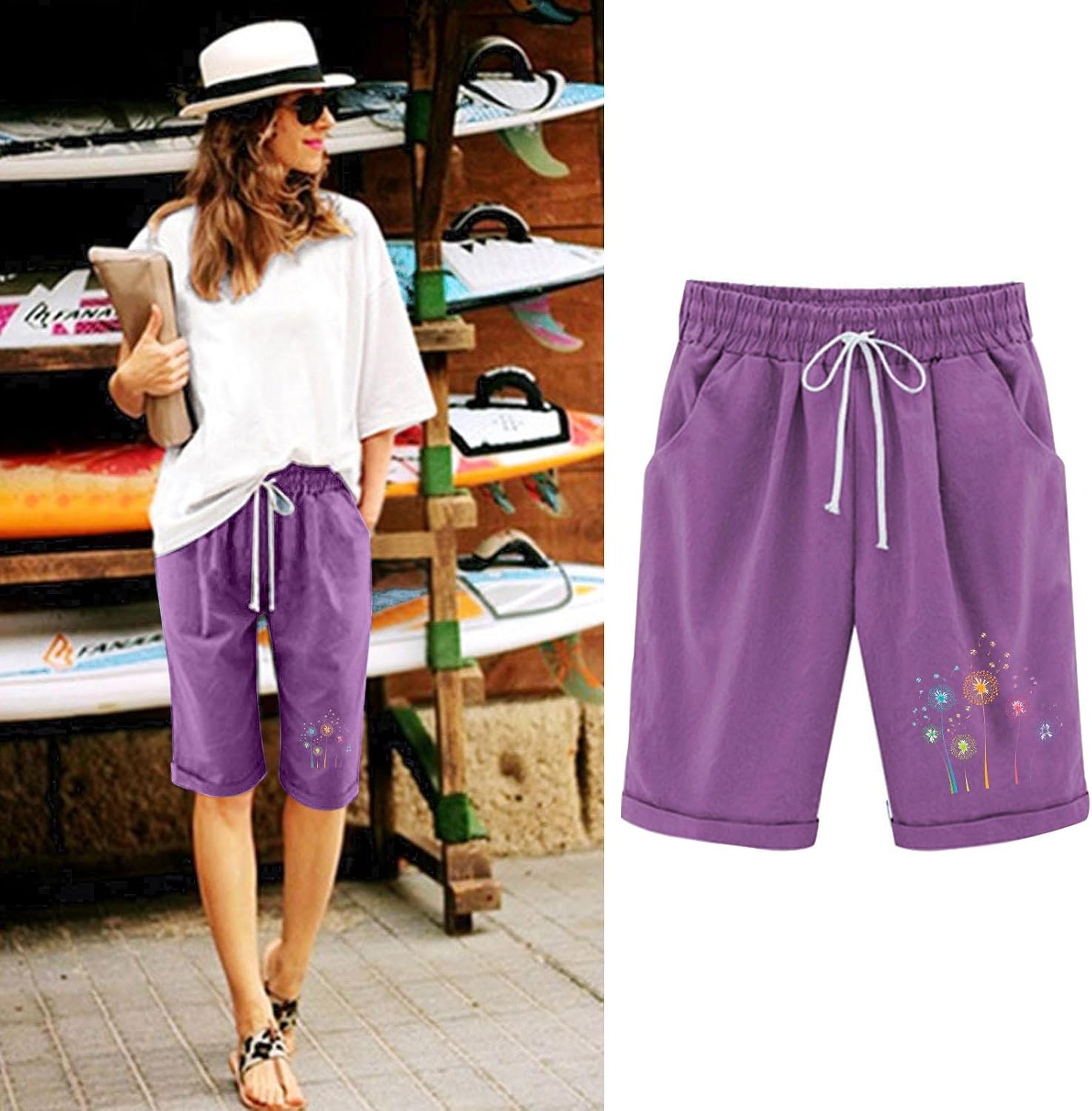 Bermuda Shorts for Womens Summer Print Boho Beach Drawstring Knee Length Short Pants Loose Resort Wear Fashion Clothes