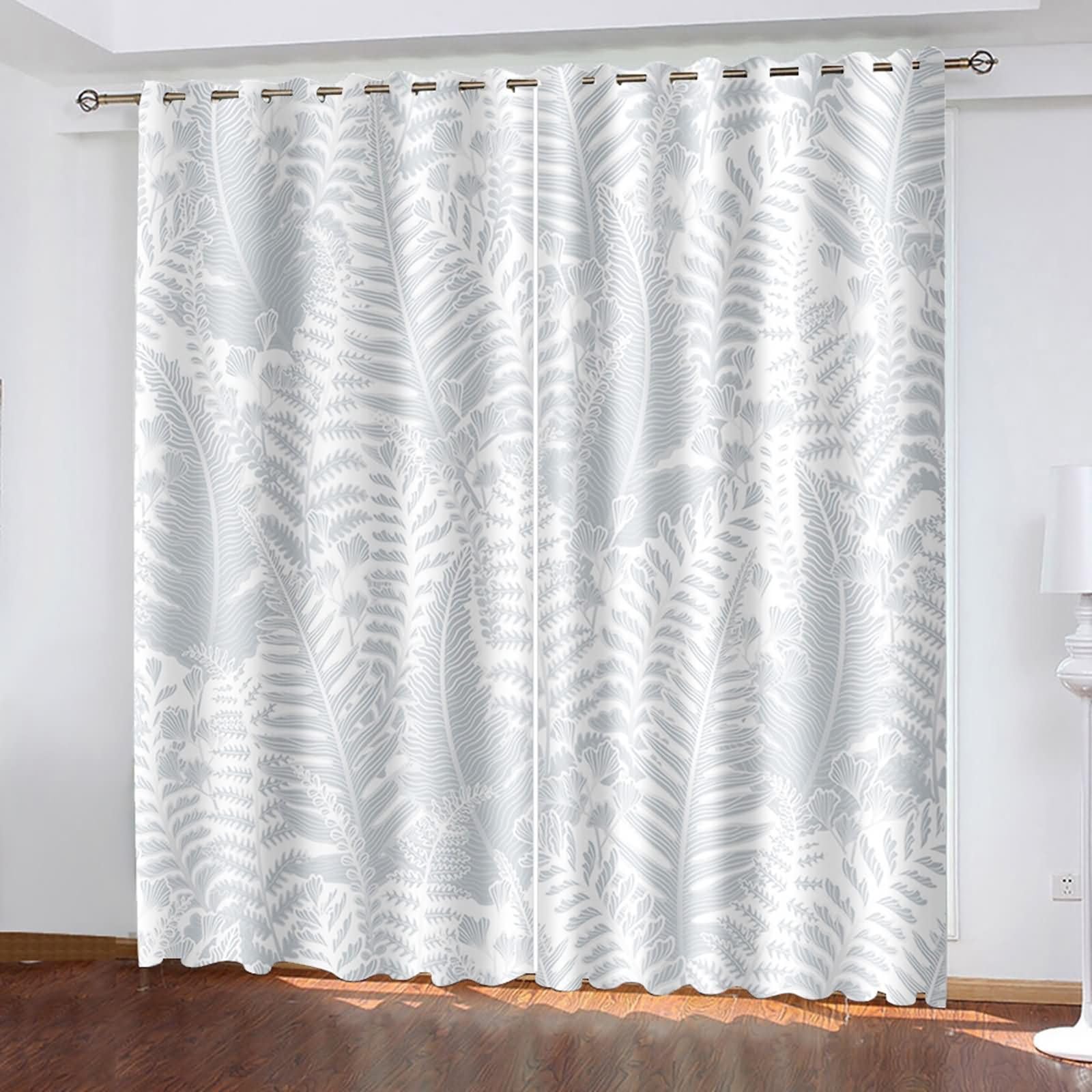 2 Pièces Rideaux Occultants Cuisine Enfant,2 x 132W x 229H CM,Rideau avec Oeillets Motif de Feuilles Rideaux Gris Clair Moderne Chambre