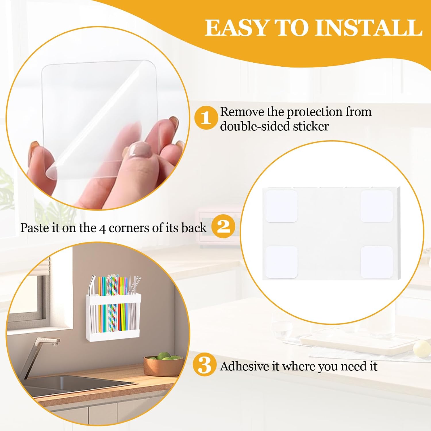 Straw Holder Organizer for Cabinet, Acrylic Drinking Straws Storage Container with Double Sided Adhesive Tape, Reusable Straw Holder for Kitchen Counter Cupboard Door (White) - Image 4