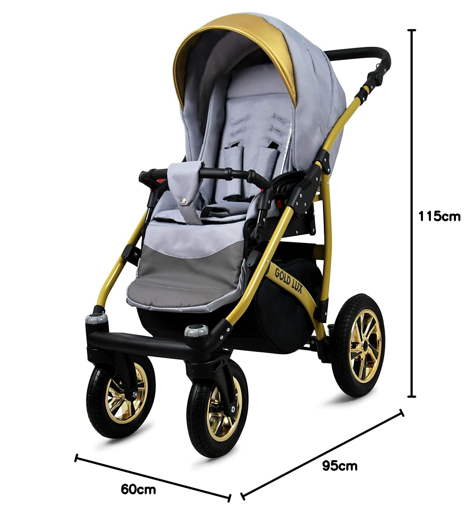 BabyLux Gold Lux Wózek Dziecięcy 2w1 Głęboki i Spacerowy z Akcesoriami Regulowana i Składana Lekka Aluminiowa Konstrukcja 2 Opcje Montażu Wodoodporny Nieprzebijalne Koła Silver Gold Frame