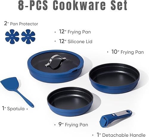 Miniatura 2 de CAROTE Juego de 8 sartenes antiadherentes de 3 tamaños (8, 10, 12 pulgadas), sartenes antiadherentes de cocina con mango desmontable, sartén de