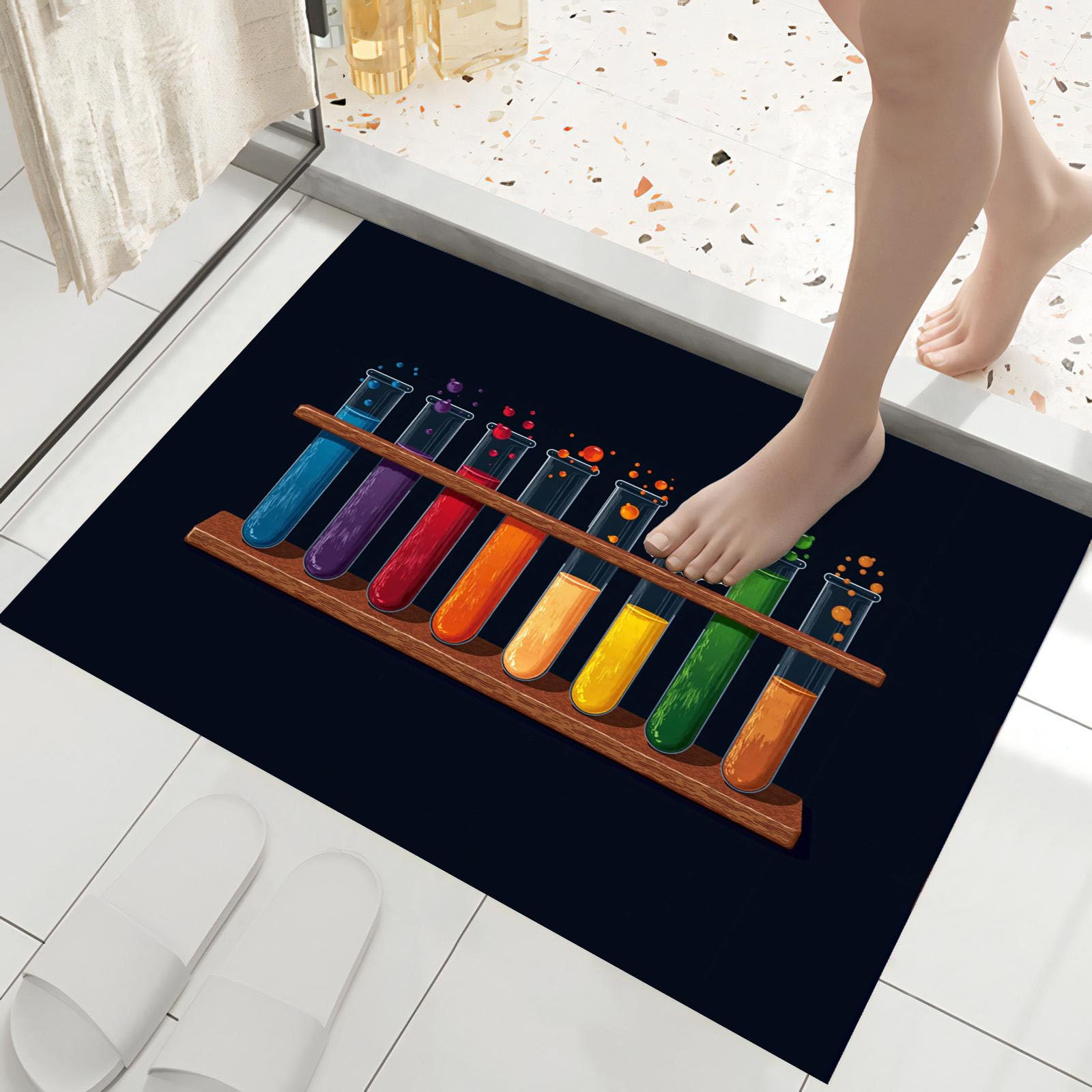 Tappetino da 90x150cm, Nero Illustrazioni Divertenti Pieghevole Sottile, Zerbino Lavabile Stampa Provetta Per Test Chimici Antiscivolo, per Porta di Casa, Ingresso, Patio, Corridoio