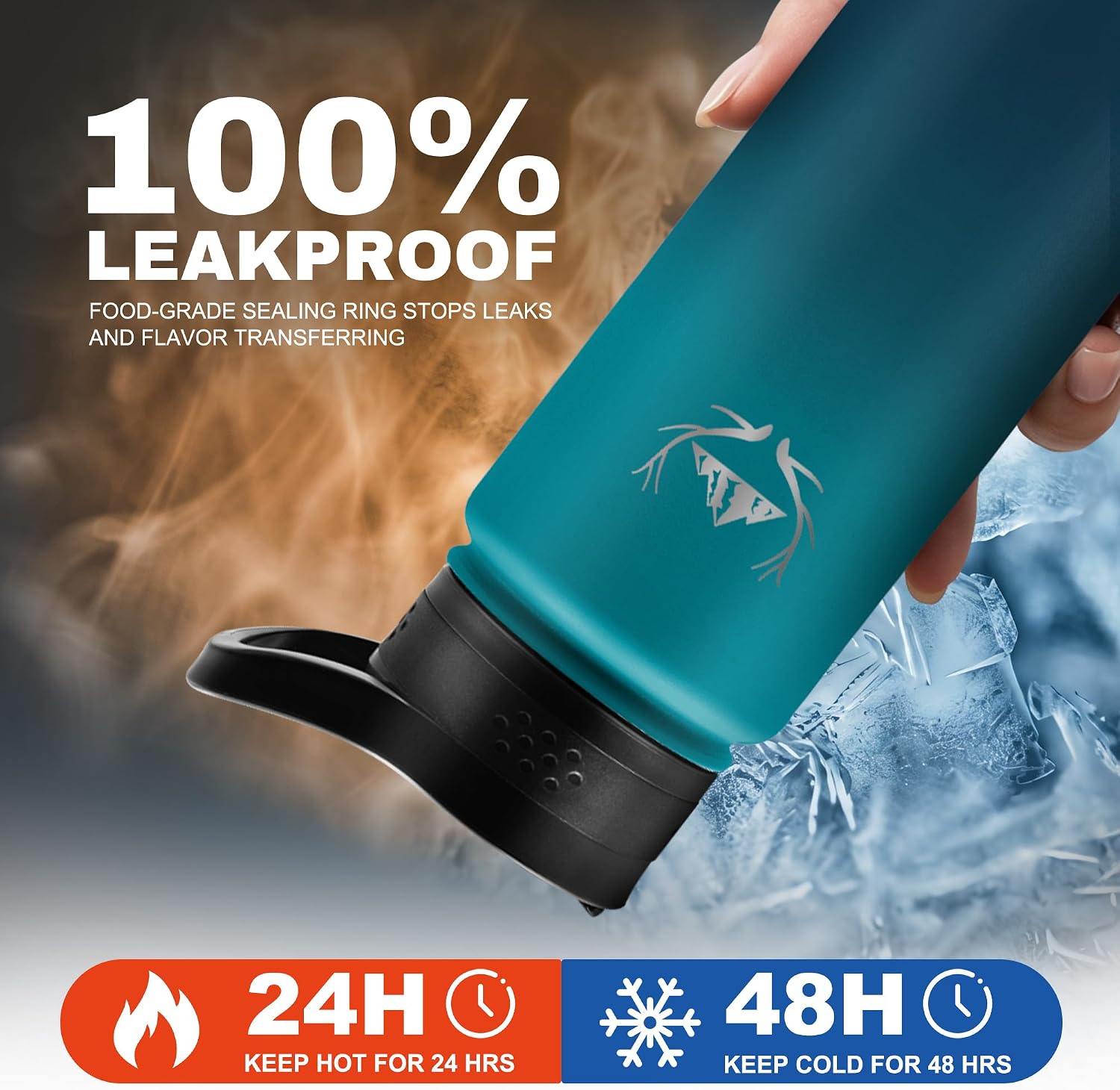 NATURE PIONEOR 24 oz Insulated Water Bottle - Double Vacuum Stainless Steel Water Bottle with Holder & 3 Leakproof, BPA Free Bottle Lid, 24oz Water Bottle for Hiking, Sport, Gym