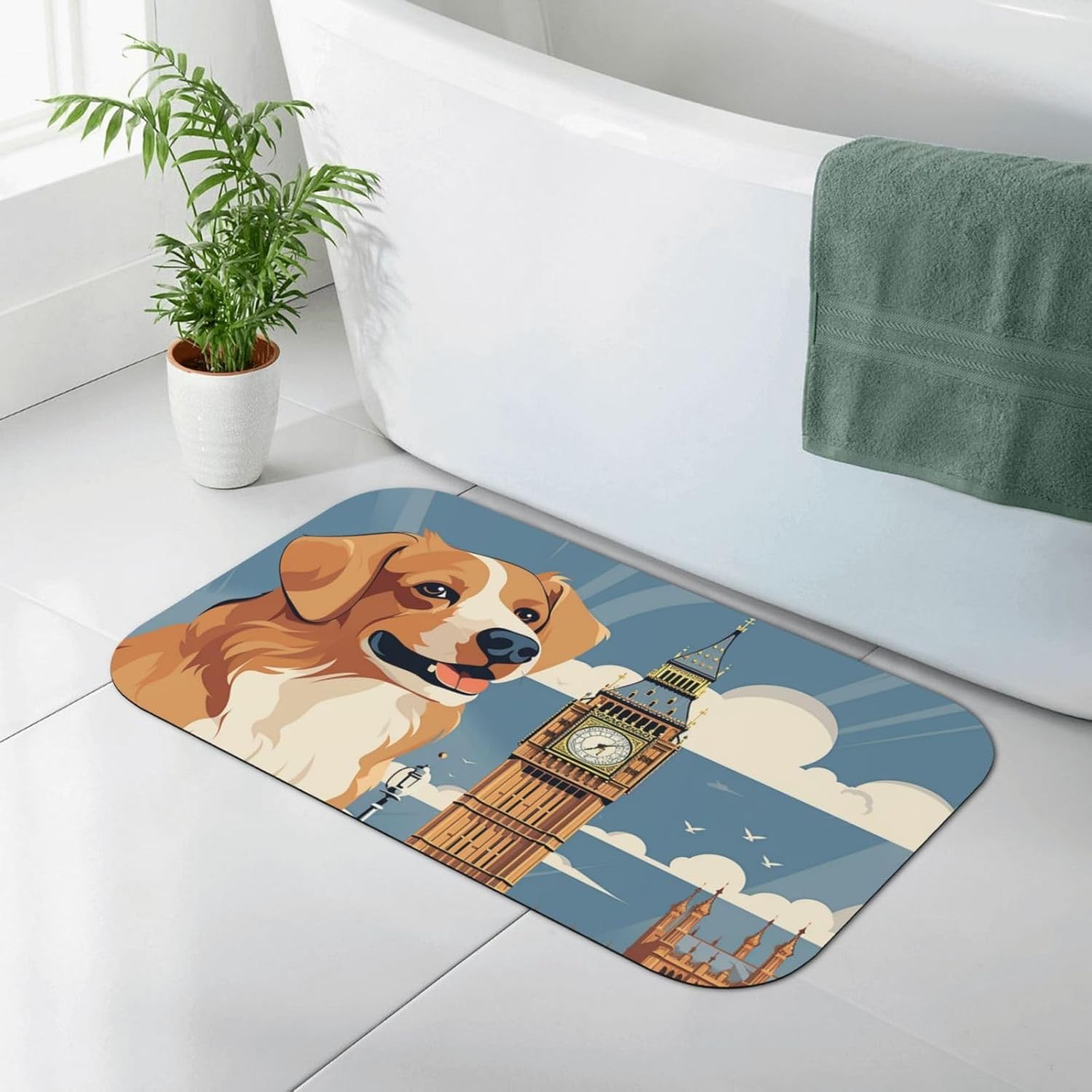 Stone Bath Mats Cute Dog Sitting Diatomaceous Earth Bath Mat Super Absorbent Bathroom Floor Mat Quick Drying Diatomite Shower Mat for Shower Bathtub Bathroom Accessory 19.7x31.5in